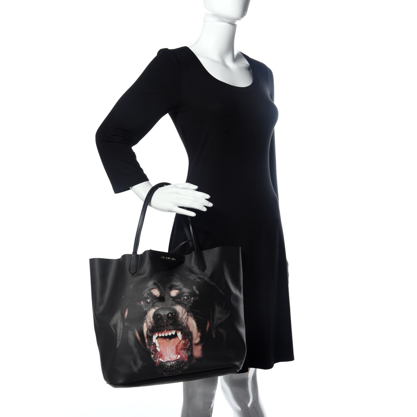 Textured Coated Canvas Rottweiler Print Medium Antigona Tote Black