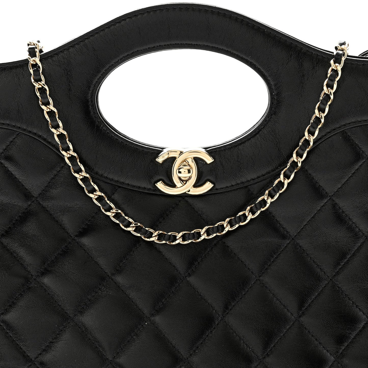 Shiny Lambskin Quilted 31 Shopping Bag Black