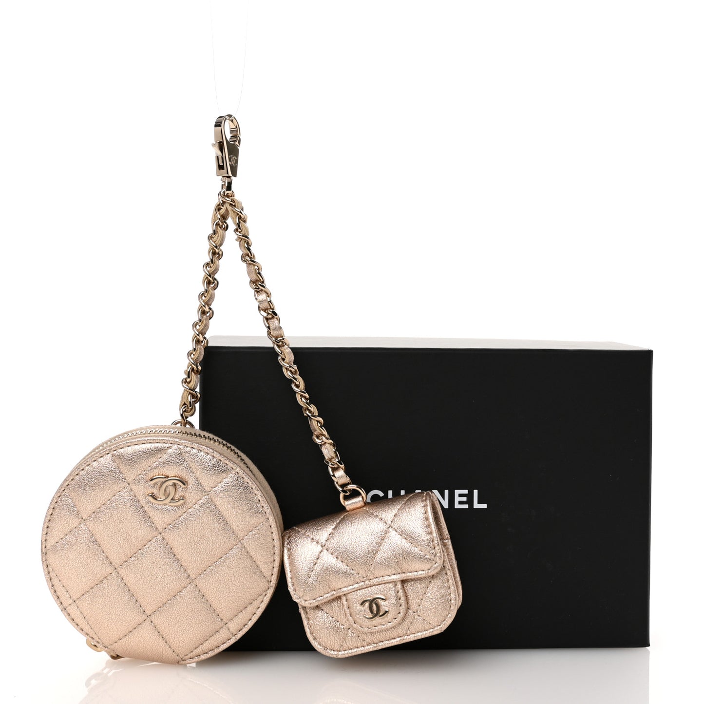 Metallic Lambskin Quilted Round Clip On Coin Purse Airpods Case Gold