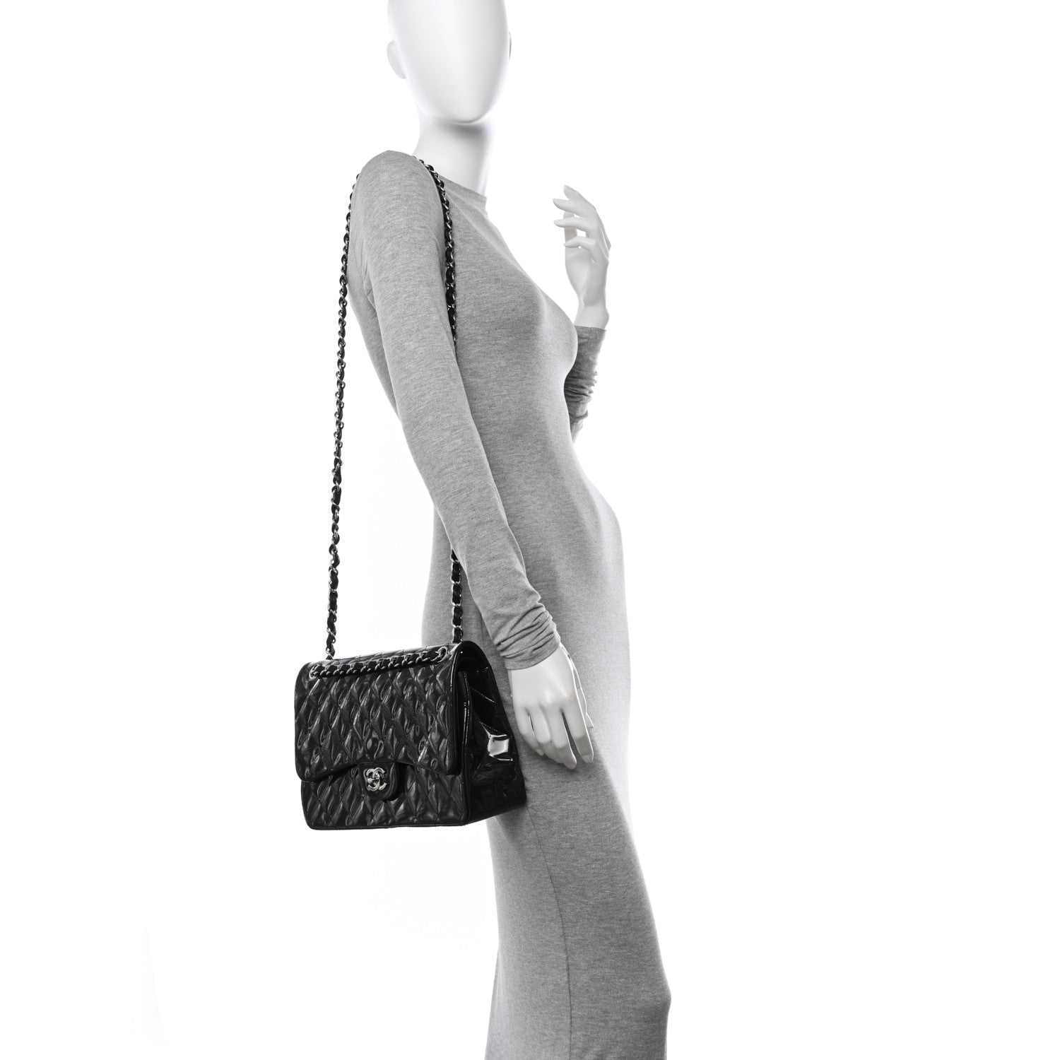 Chanel Striated Patent Quilted Jumbo Double Flap Black 2 of 10