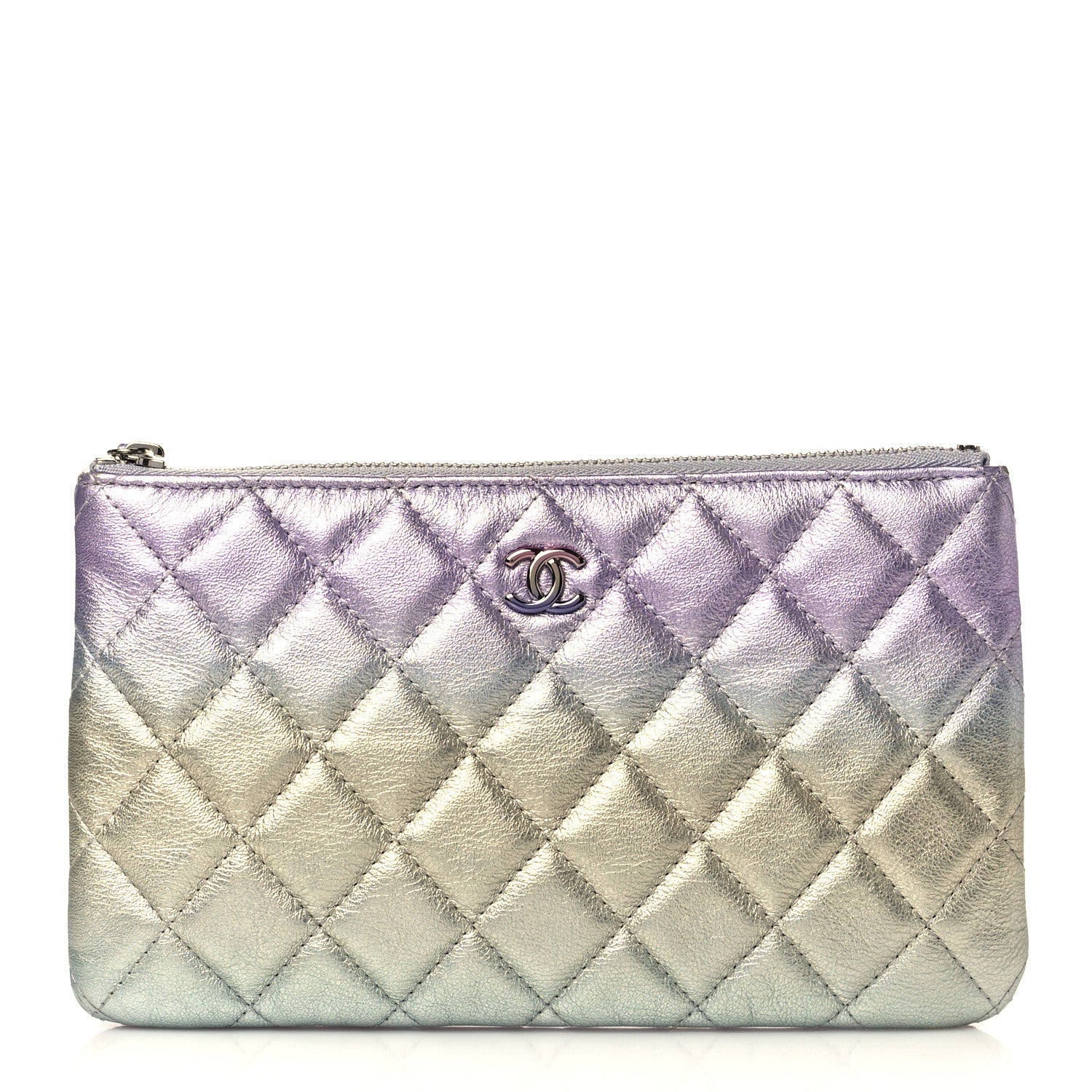 Chanel Gradient Metallic Calfskin Quilted Cosmetic Case Silver Blue Yellow Purple 1 of 8