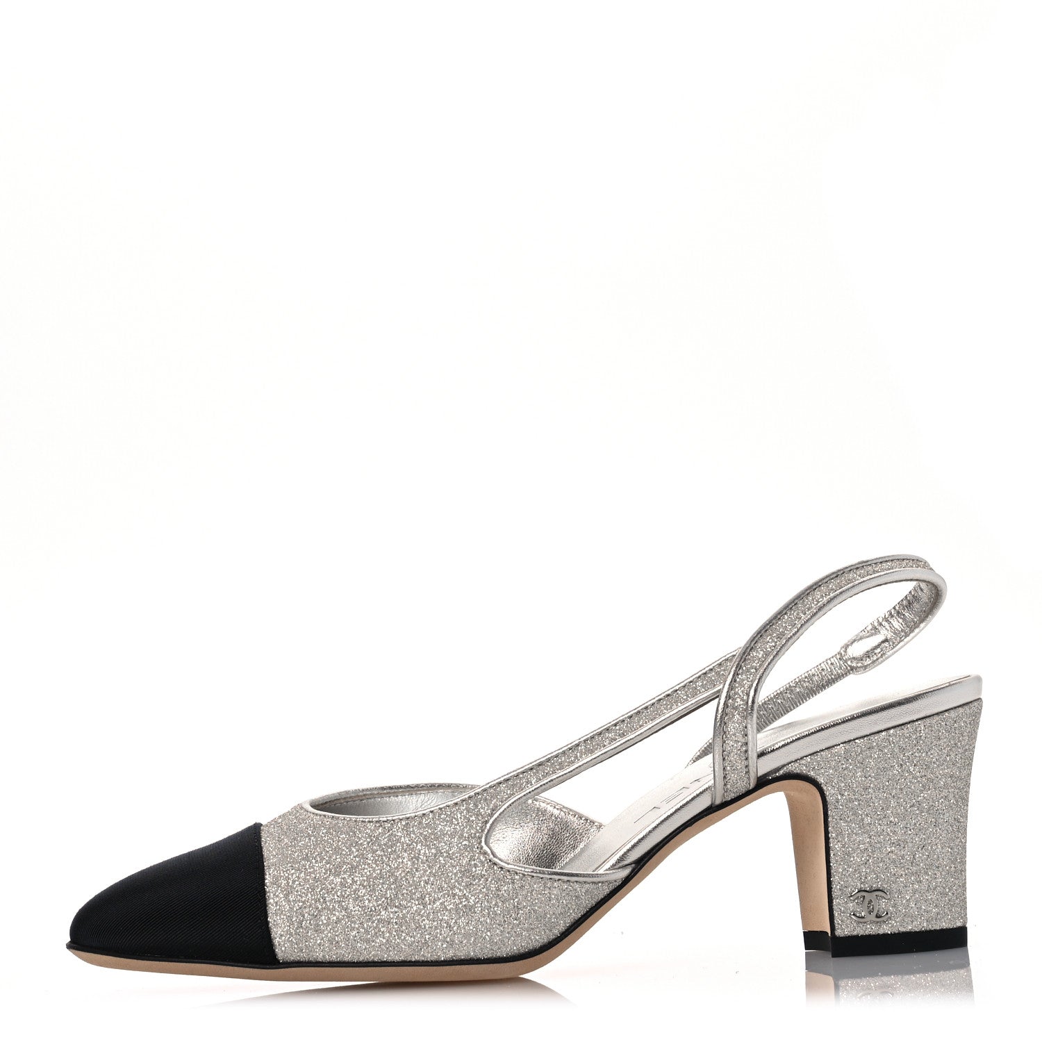 Chanel Glitter Grosgrain Cap Toe CC Slingback Pumps 37 Silver Black 1 of 10