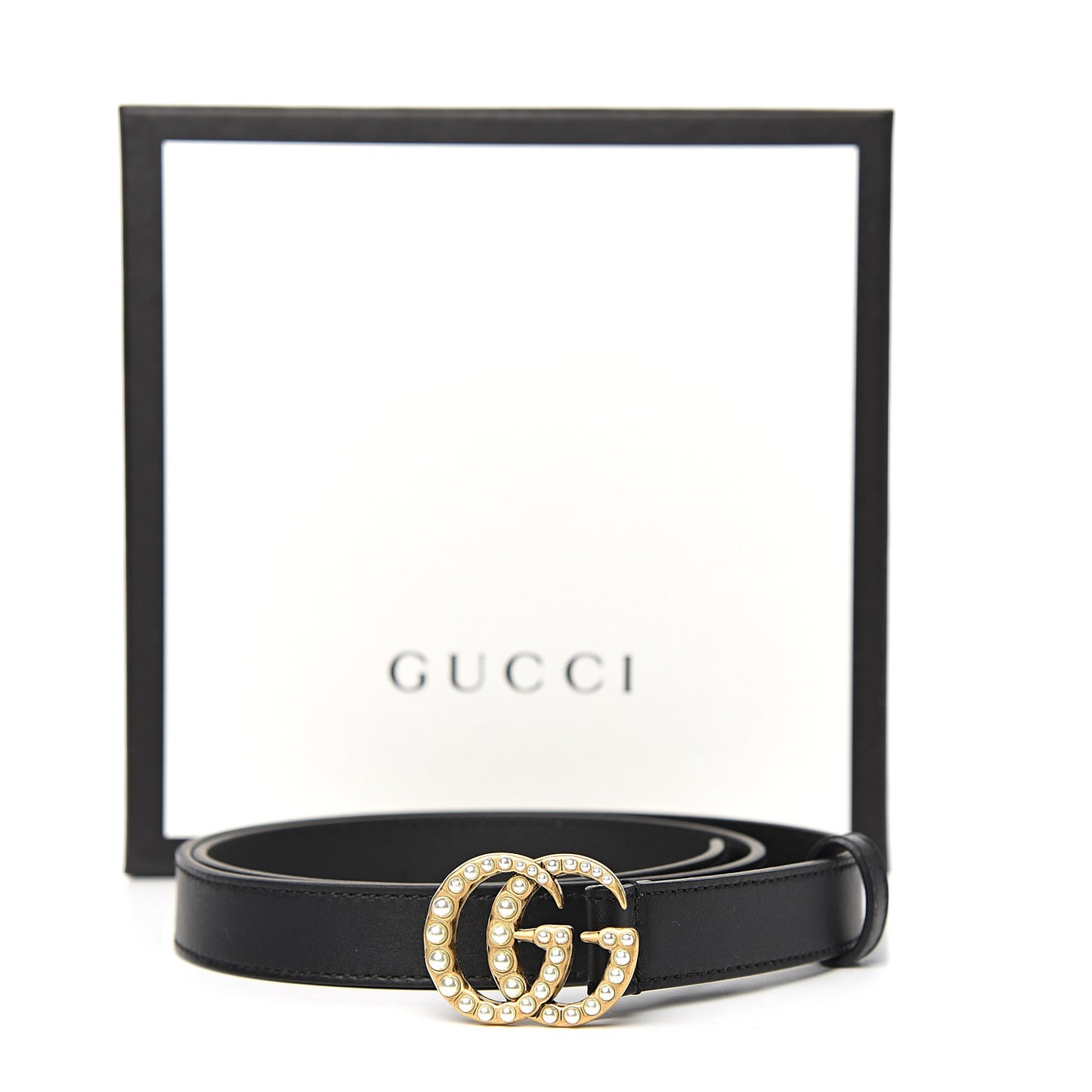 Moon Calfskin Pearl Double G 20mm Belt 80 32 Black Cream