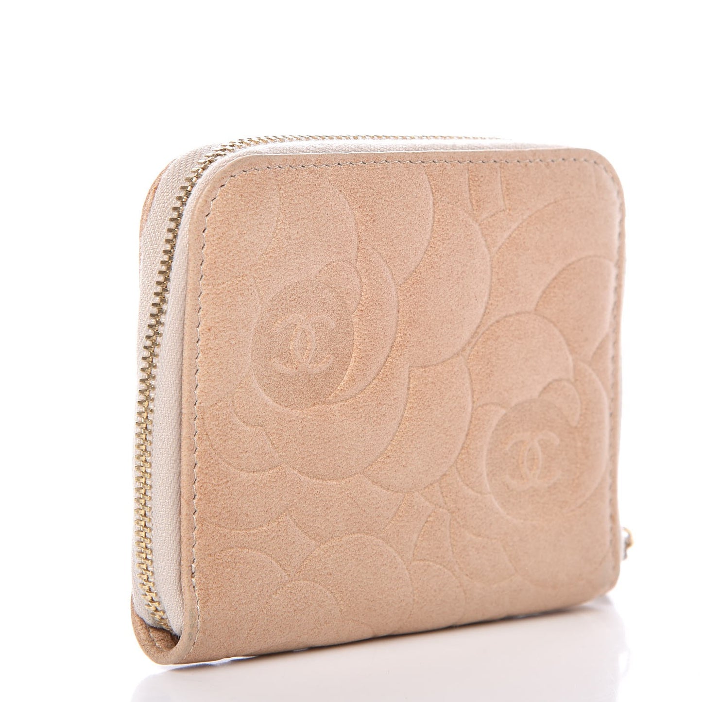 Lambskin Camellia Embossed Zip Around Card Holder Light Beige