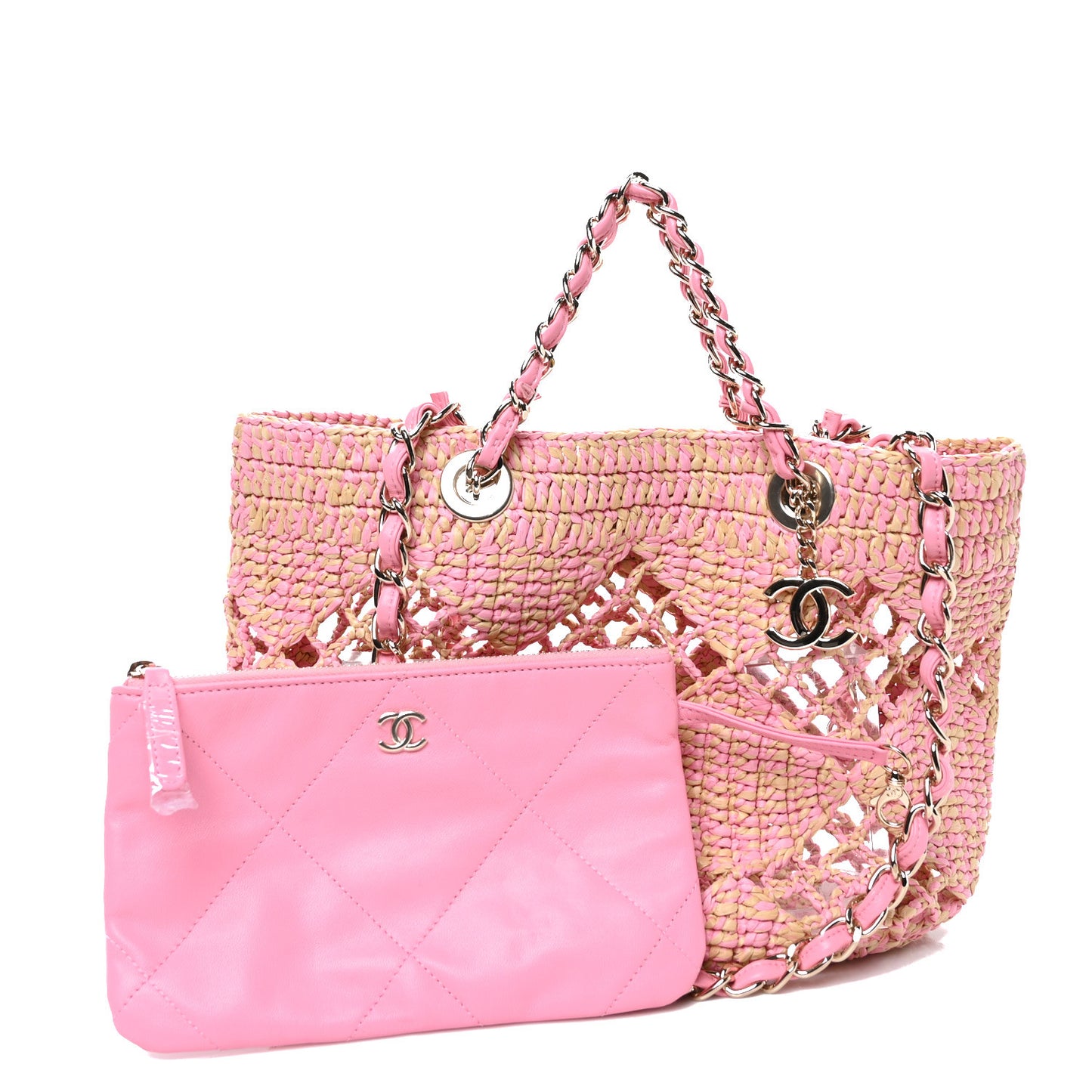 Raffia Effect Braided Small Shopping Bag Beige Pink