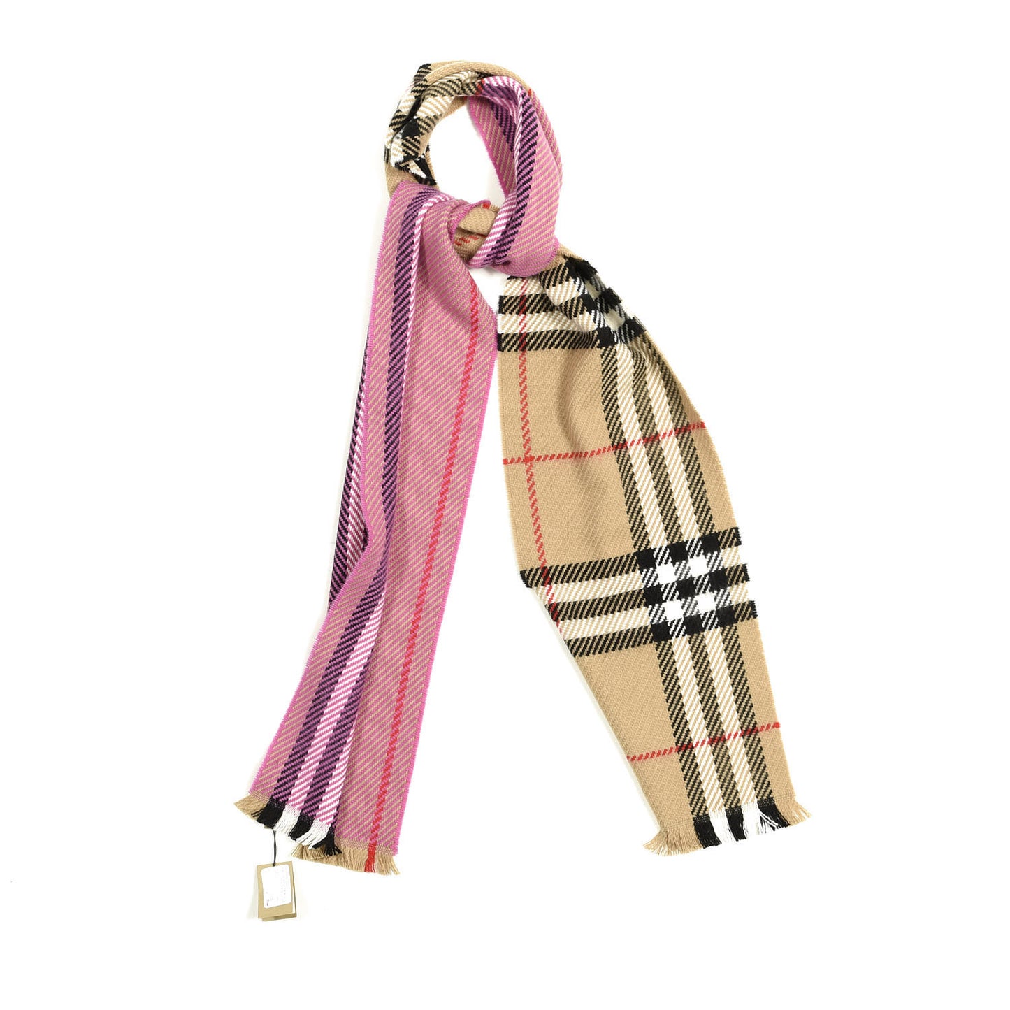 Wool Giant Check Color Block Fringe Scarf Fuchsia Pink