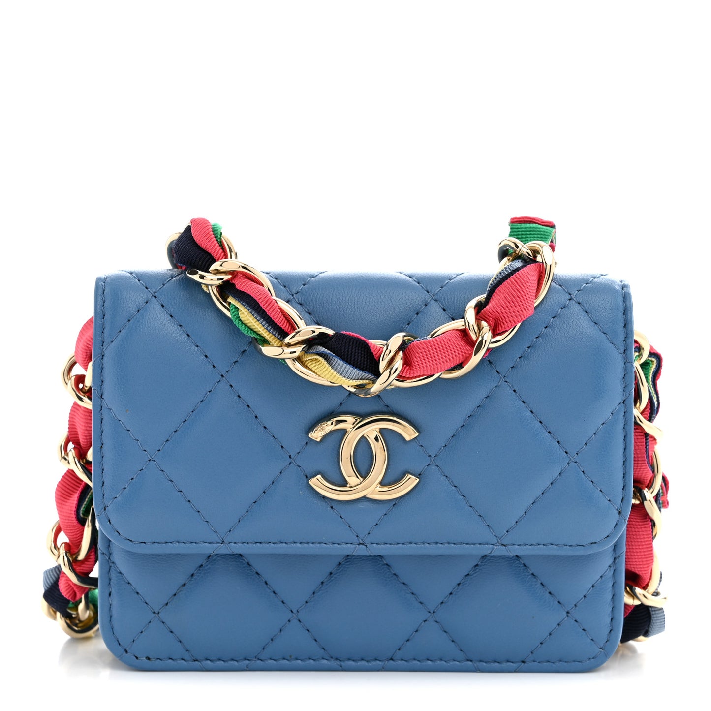 Shiny Lambskin Ribbon Quilted Flap Belt Bag Blue