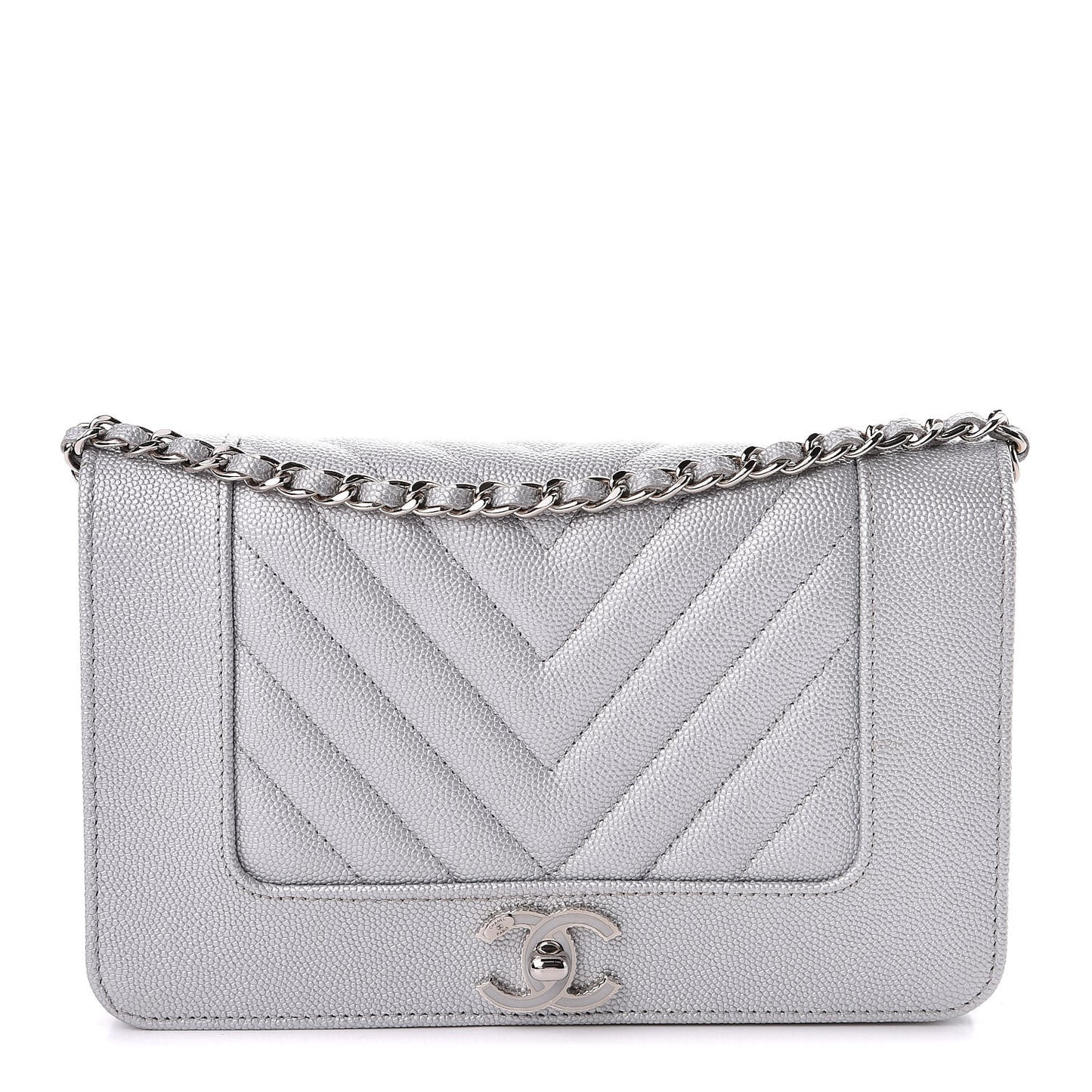 Metallic Caviar Chevron Quilted Vintage Mademoiselle Wallet On Chain WOC Silver