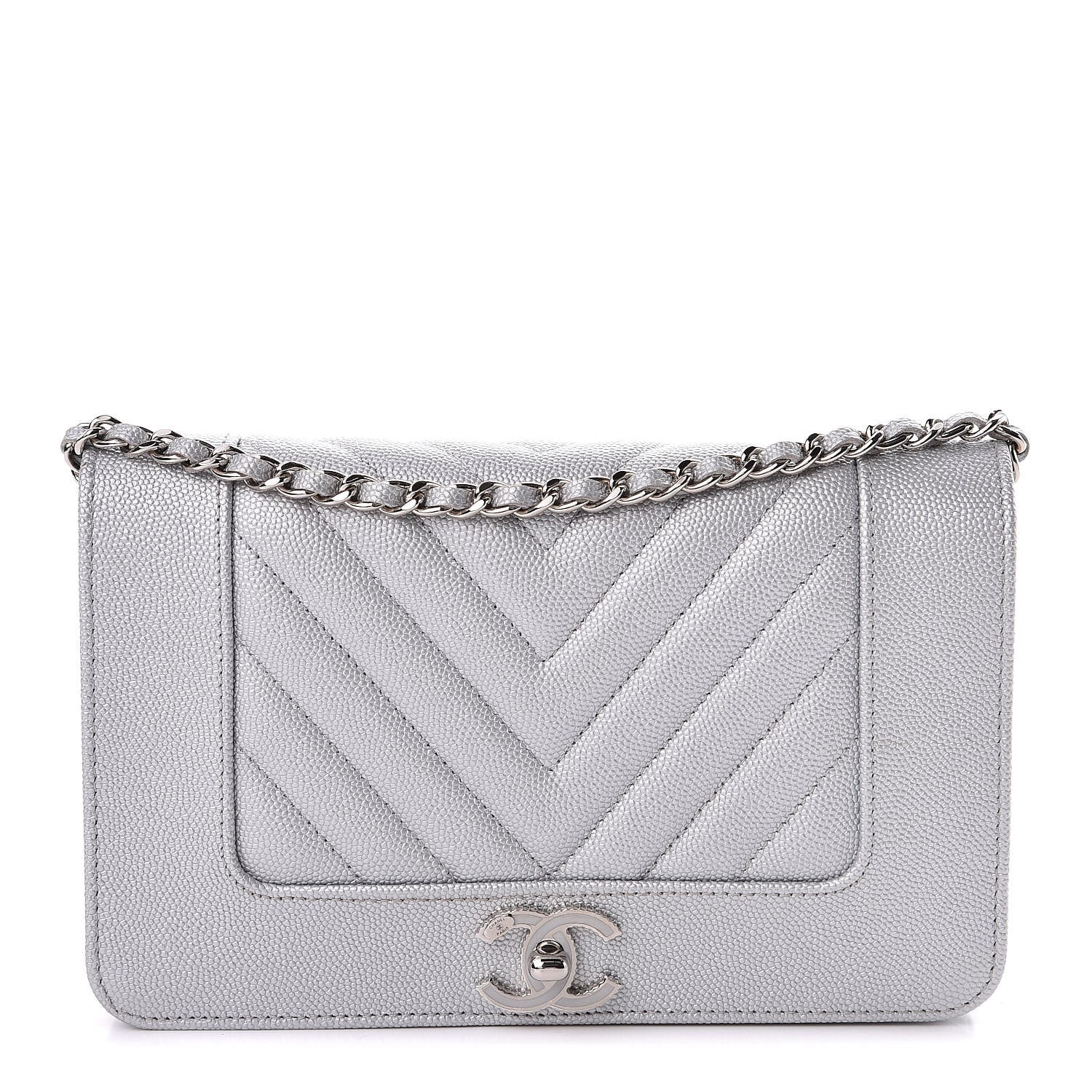 Chanel Metallic Caviar Chevron Quilted Vintage Mademoiselle Wallet On Chain WOC Silver 1 of 12