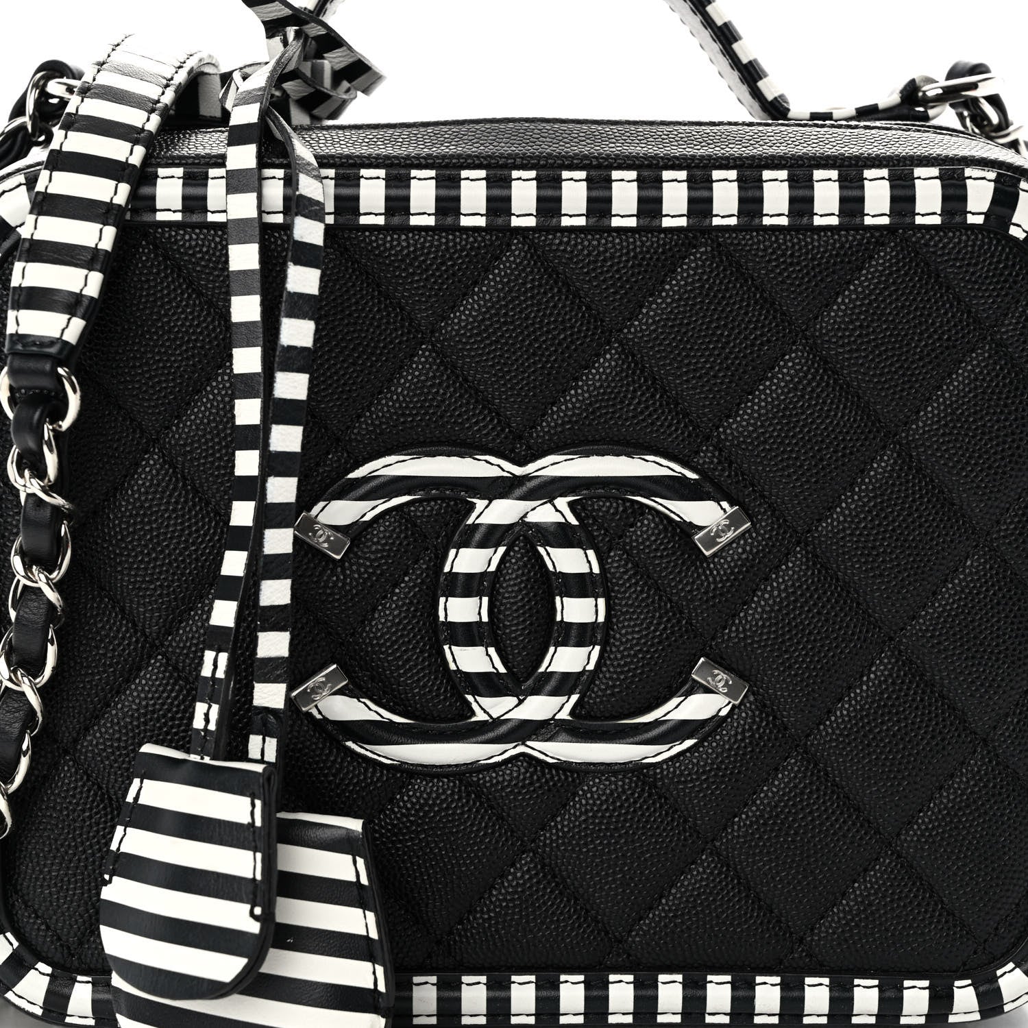 Chanel Caviar Quilted Striped Medium CC Filigree Vanity Case Black White 8 of 10