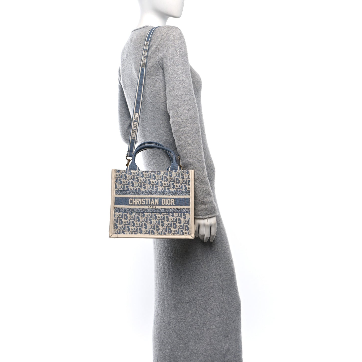 Oblique Chambray Calfskin Small Book Tote With Strap Blue Latte