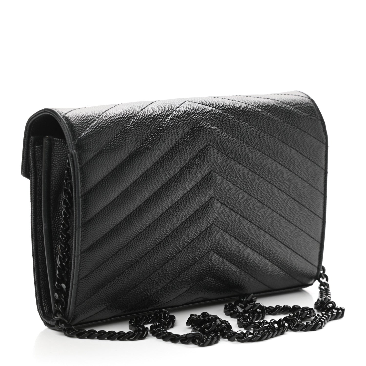 Saint Laurent Grain De Poudre Matelasse Chevron Monogram Chain Wallet Black 3 of 8