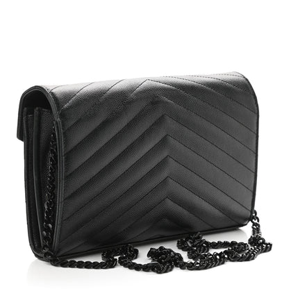 Saint Laurent Grain De Poudre Matelasse Chevron Monogram Chain Wallet Black 3 of 8