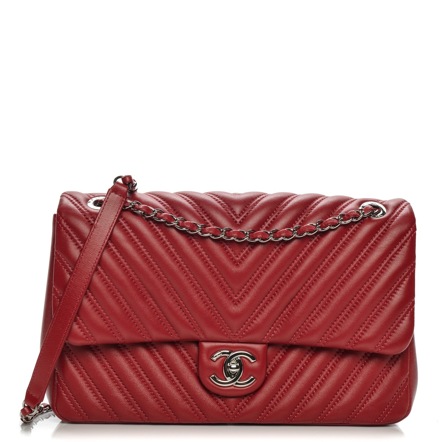 Chanel Lambskin Chevron Double Stitch Jumbo Single Flap Red 1 of 7