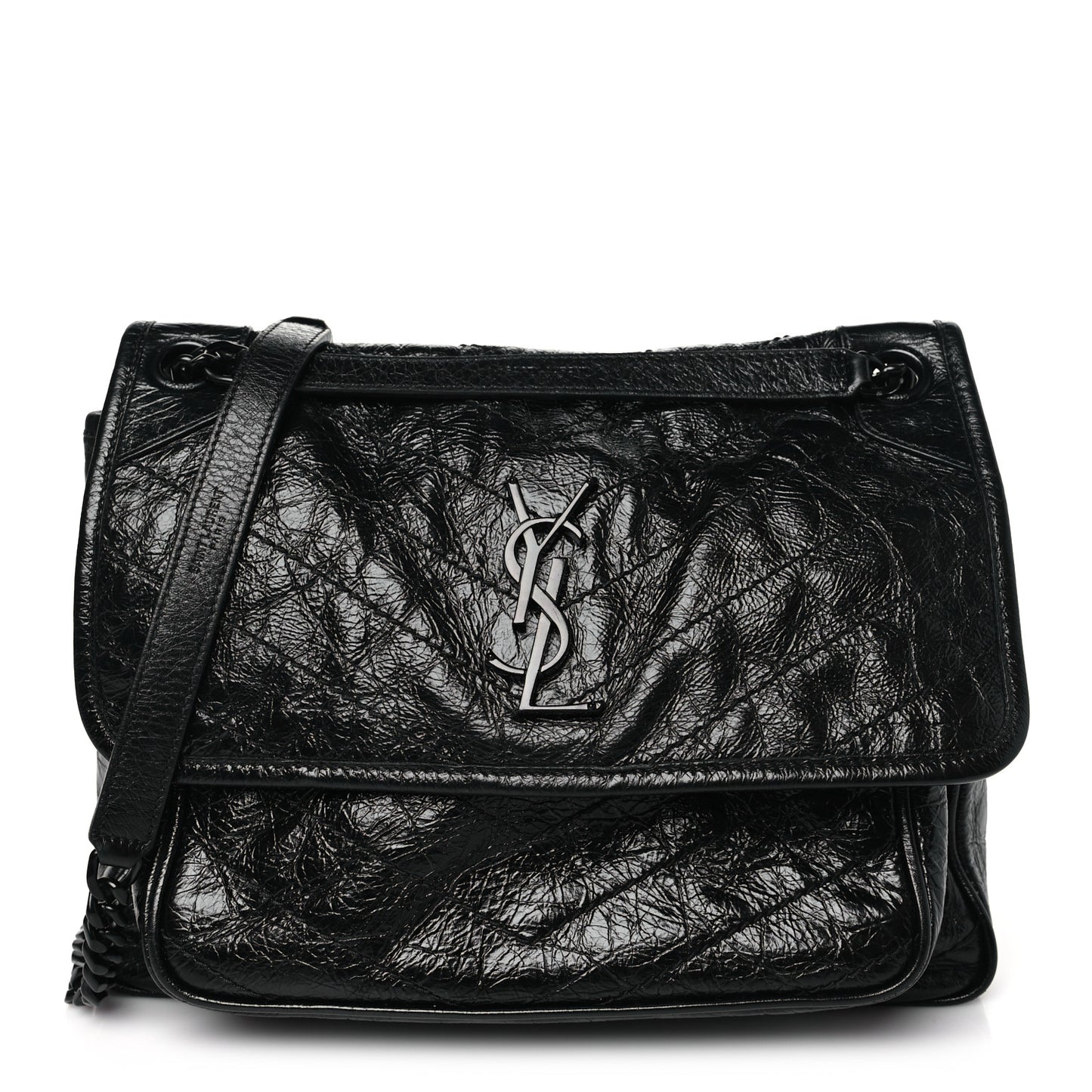 Crinkled Calfskin Matelasse Monogram Medium Niki Chain Satchel Black
