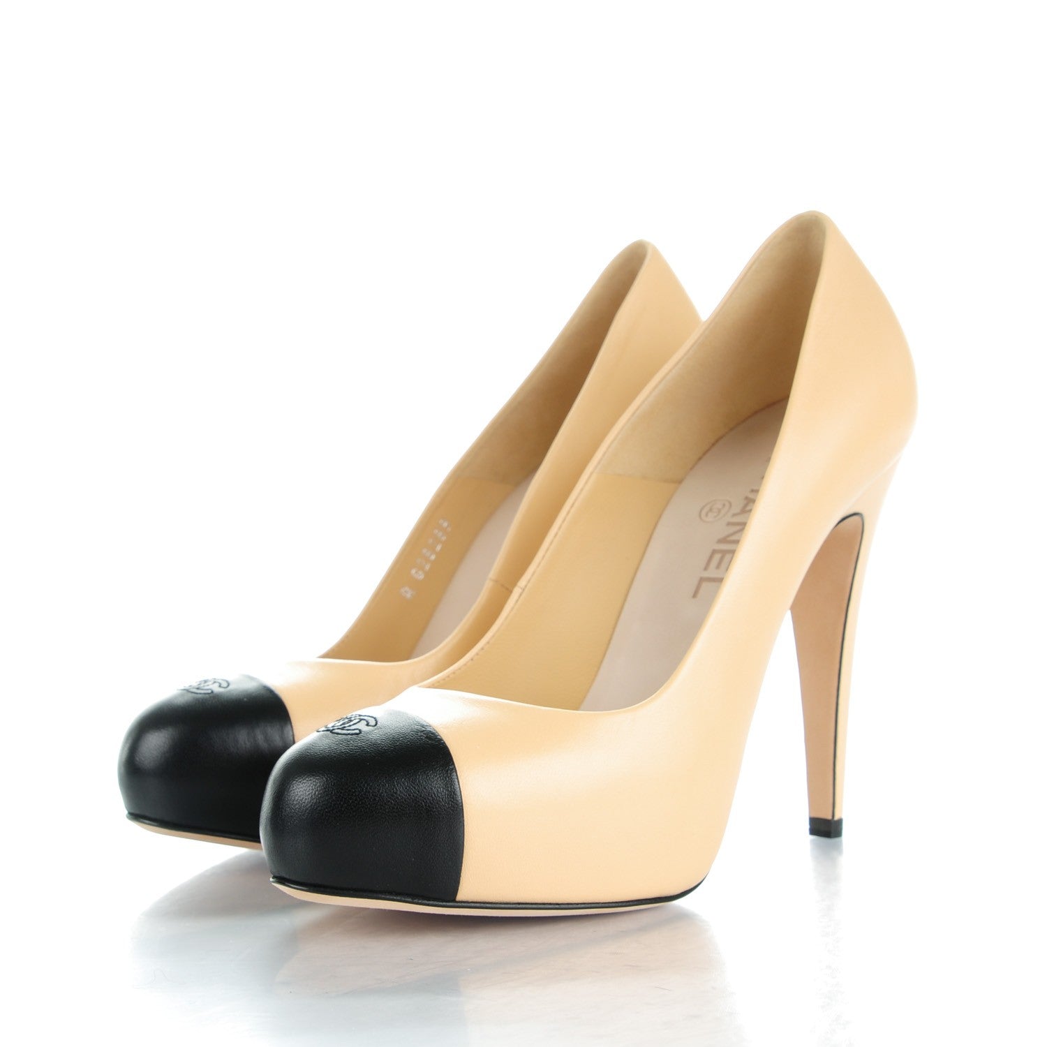Chanel Lambskin Cap Toe Pumps 38.5 Beige Black 3 of 8