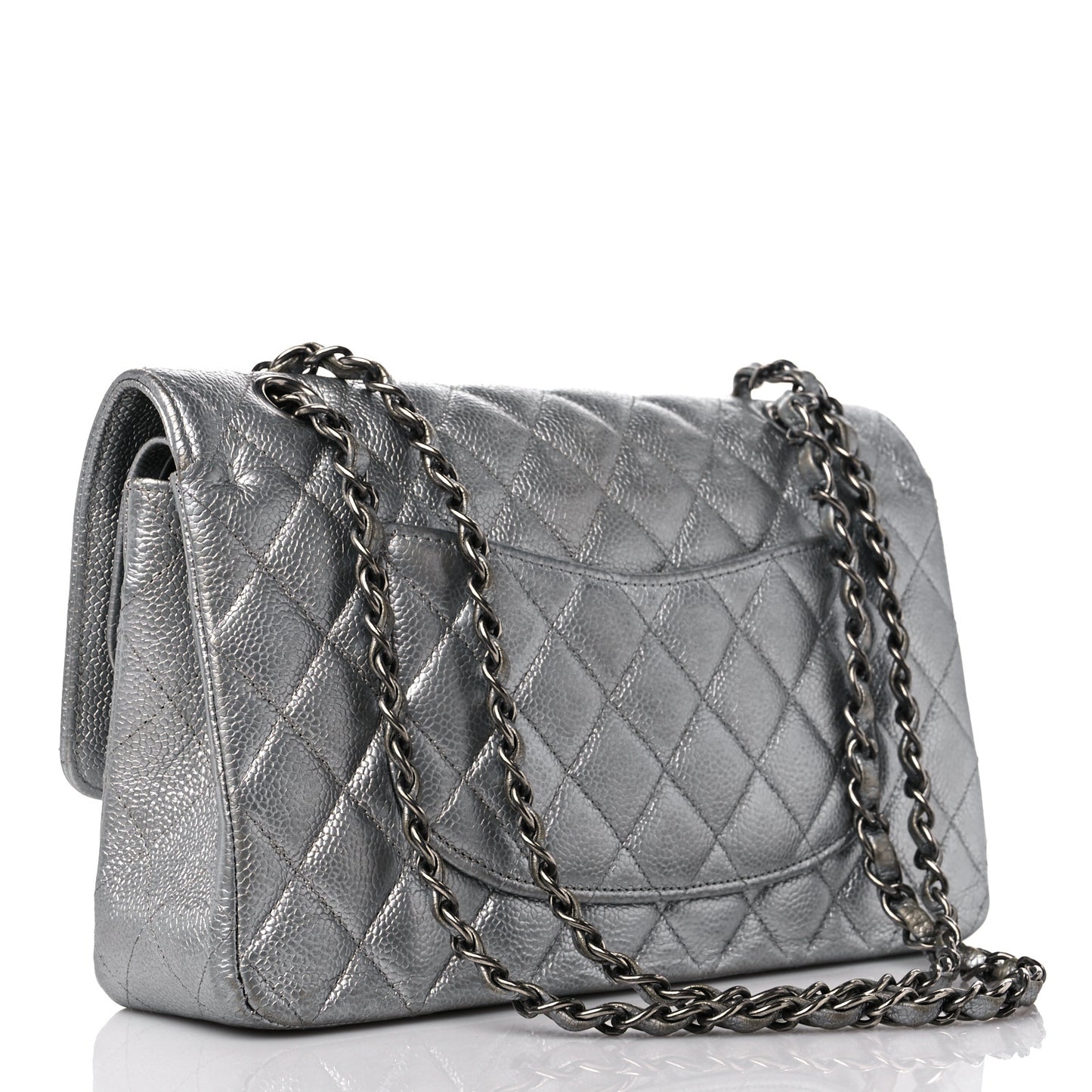 Metallic Caviar Quilted Medium Double Flap Silver