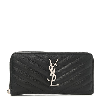 Saint Laurent Grain De Poudre Matelasse Chevron Monogram Zip Around Wallet Black 1 of 9