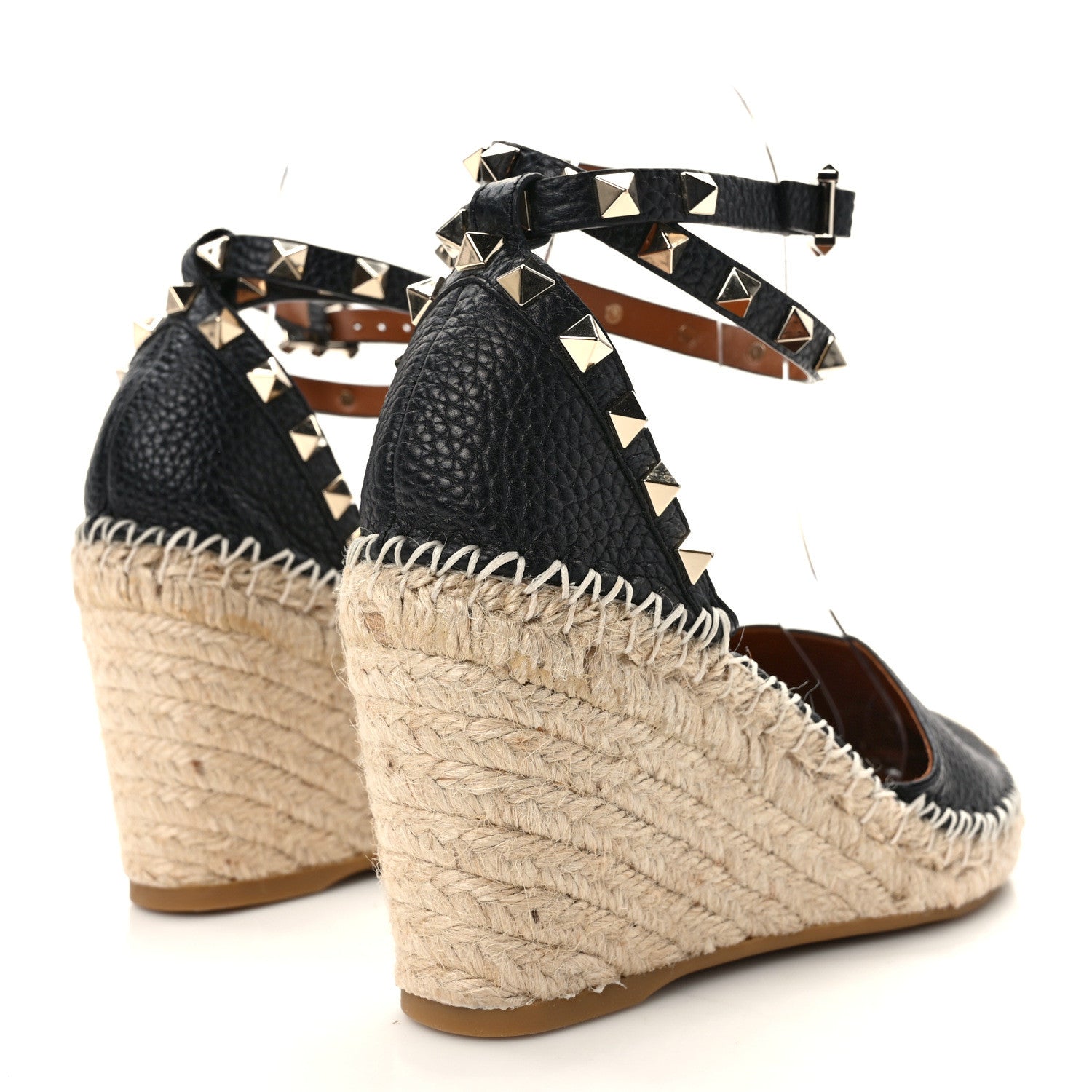 Valentino Garavani Grained Calfskin Rockstud Ankle Wrap Espadrille 15/85mm Wedges 37 Black Light Cuir 4 of 8