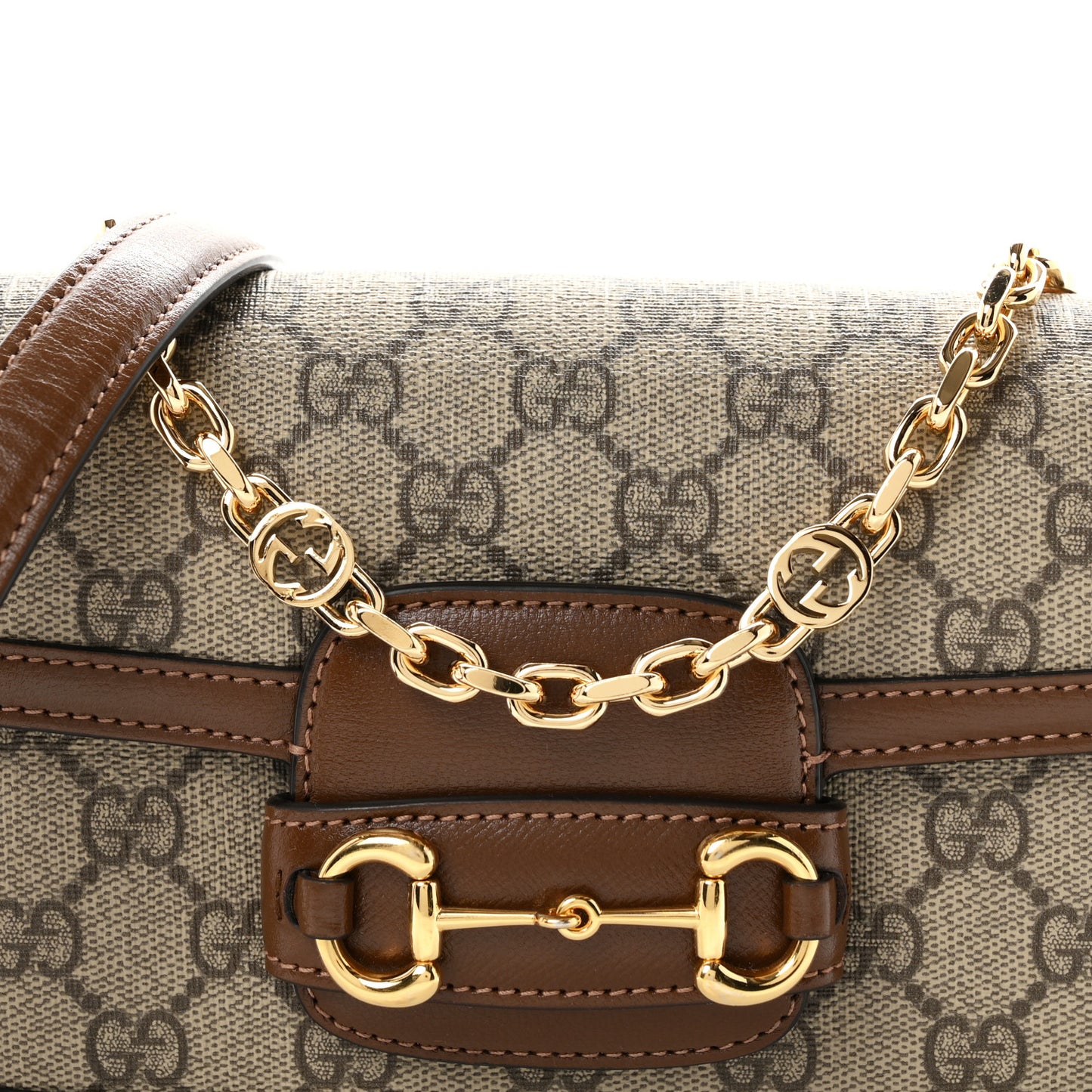 GG Supreme Monogram Small Horsebit 1955 Chain Shoulder Bag Beige Ebony Brown Sugar