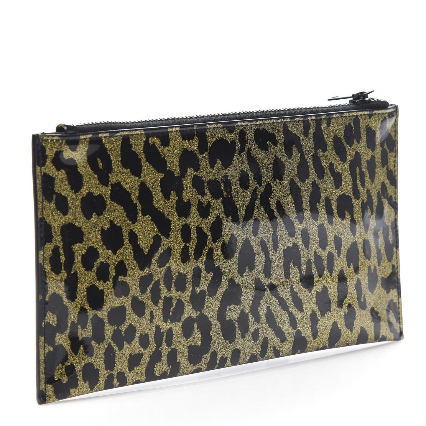 Patent Glitter Leopard Monogram Zip Pouch Gold Black