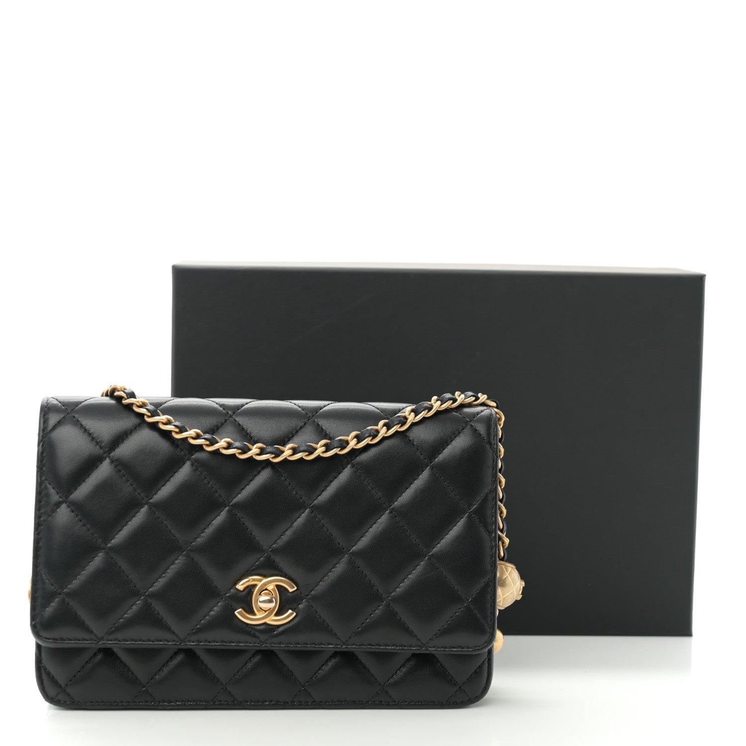 Chanel Lambskin Quilted CC Pearl Crush Wallet on Chain WOC Black 13 of 13