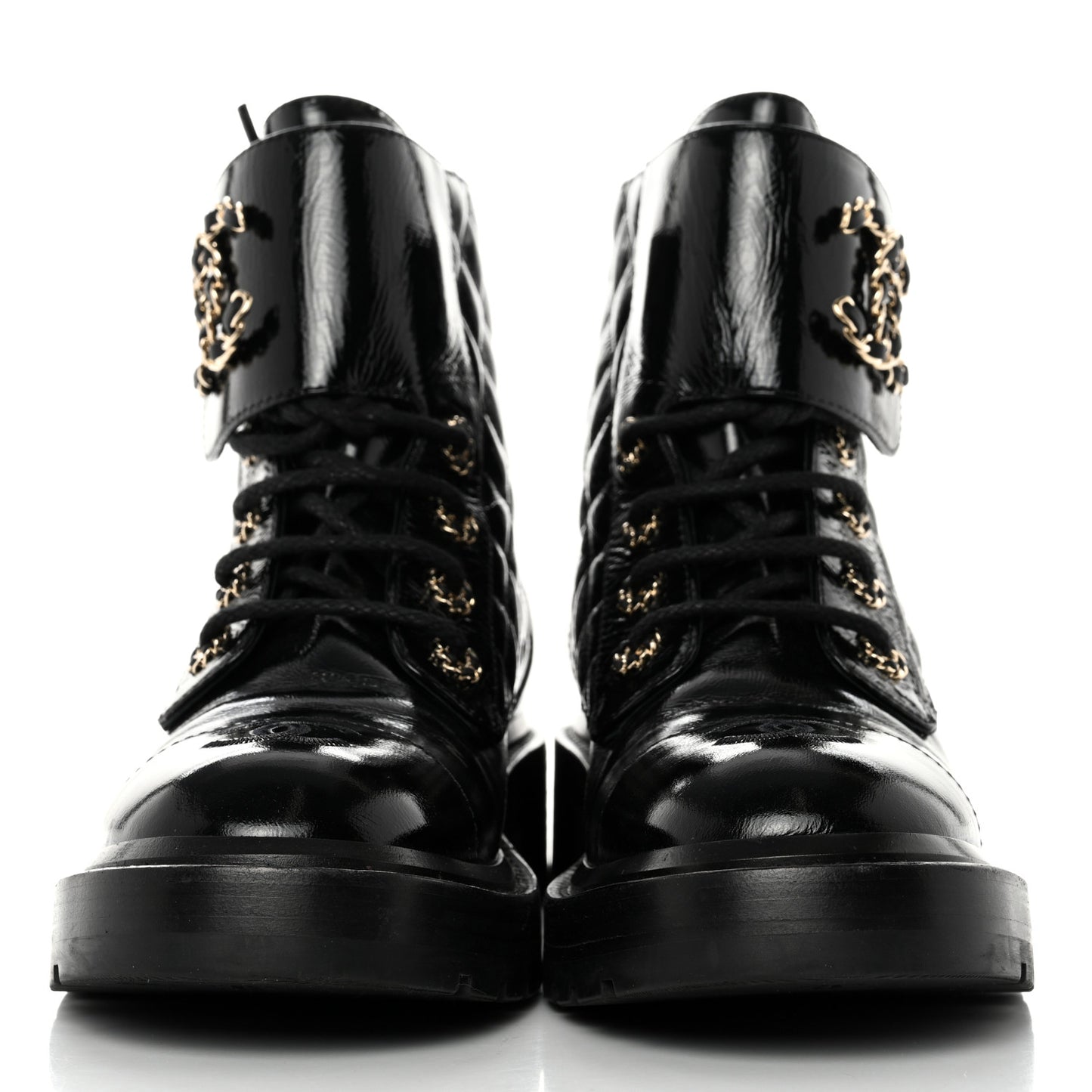 Shiny Calfskin Quilted Lace Up Combat Boots 37 Black