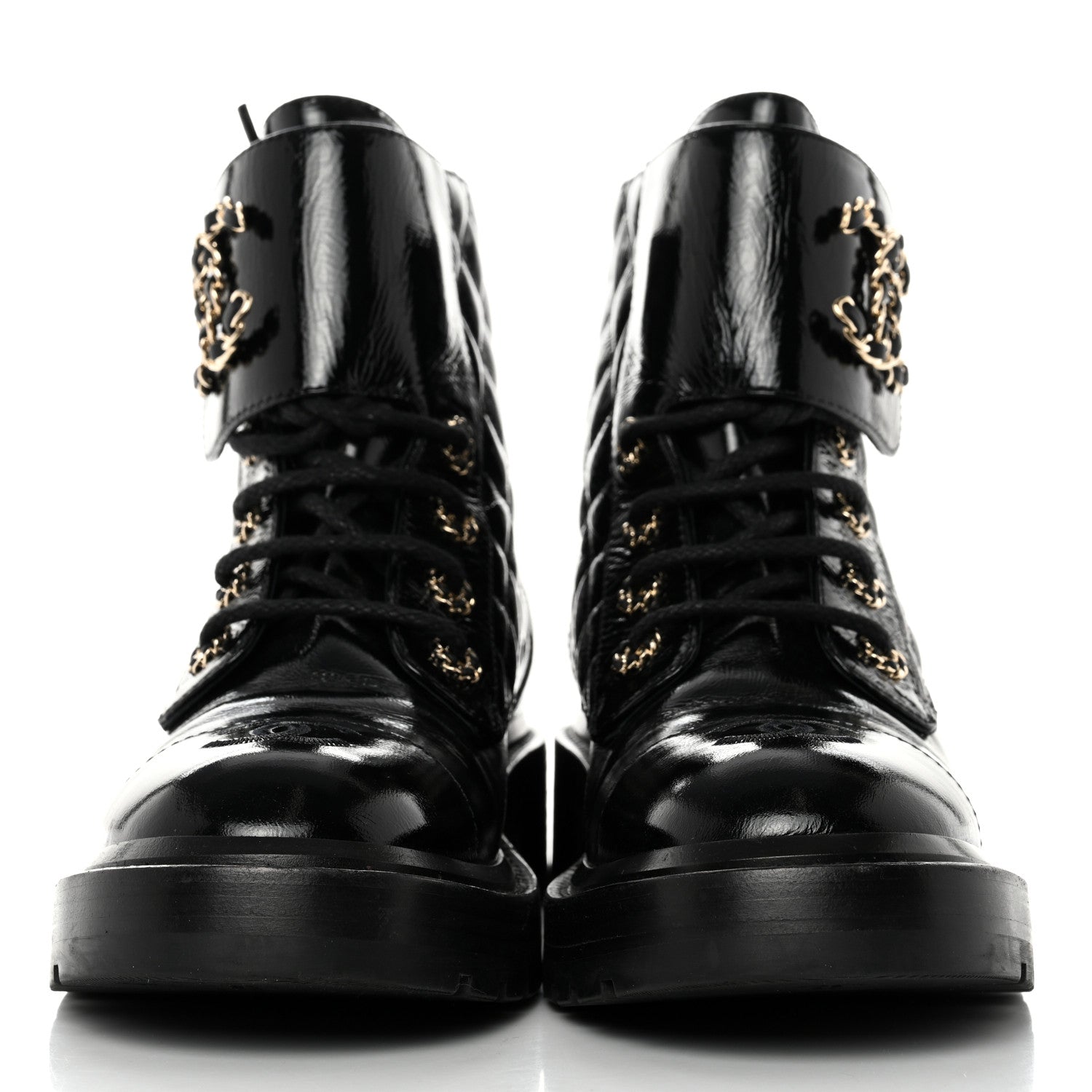 Chanel Shiny Calfskin Quilted Lace Up Combat Boots 37 Black 2 of 8