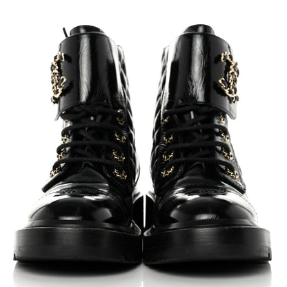 Chanel Shiny Calfskin Quilted Lace Up Combat Boots 37 Black 2 of 8