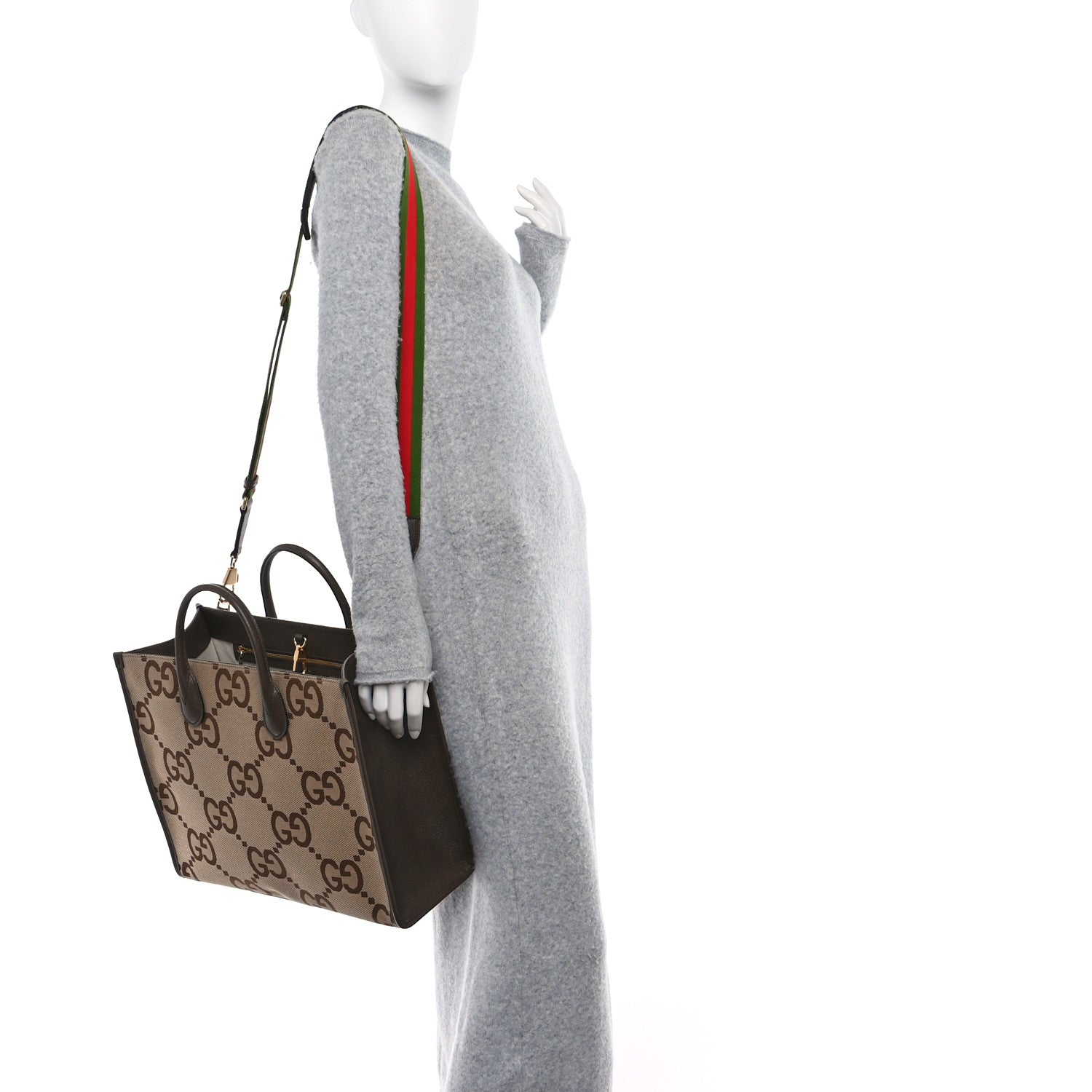 Gucci Monogram Jumbo GG Textured Dollar Calfskin Web Tote Bag Camel Ebony New Acero 2 of 12