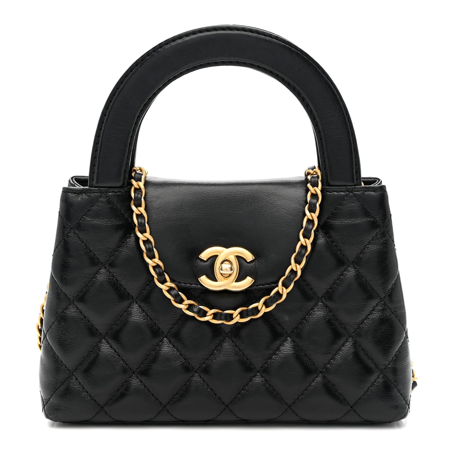 Shiny Aged Calfskin Quilted Nano Kelly Shopper Black Black