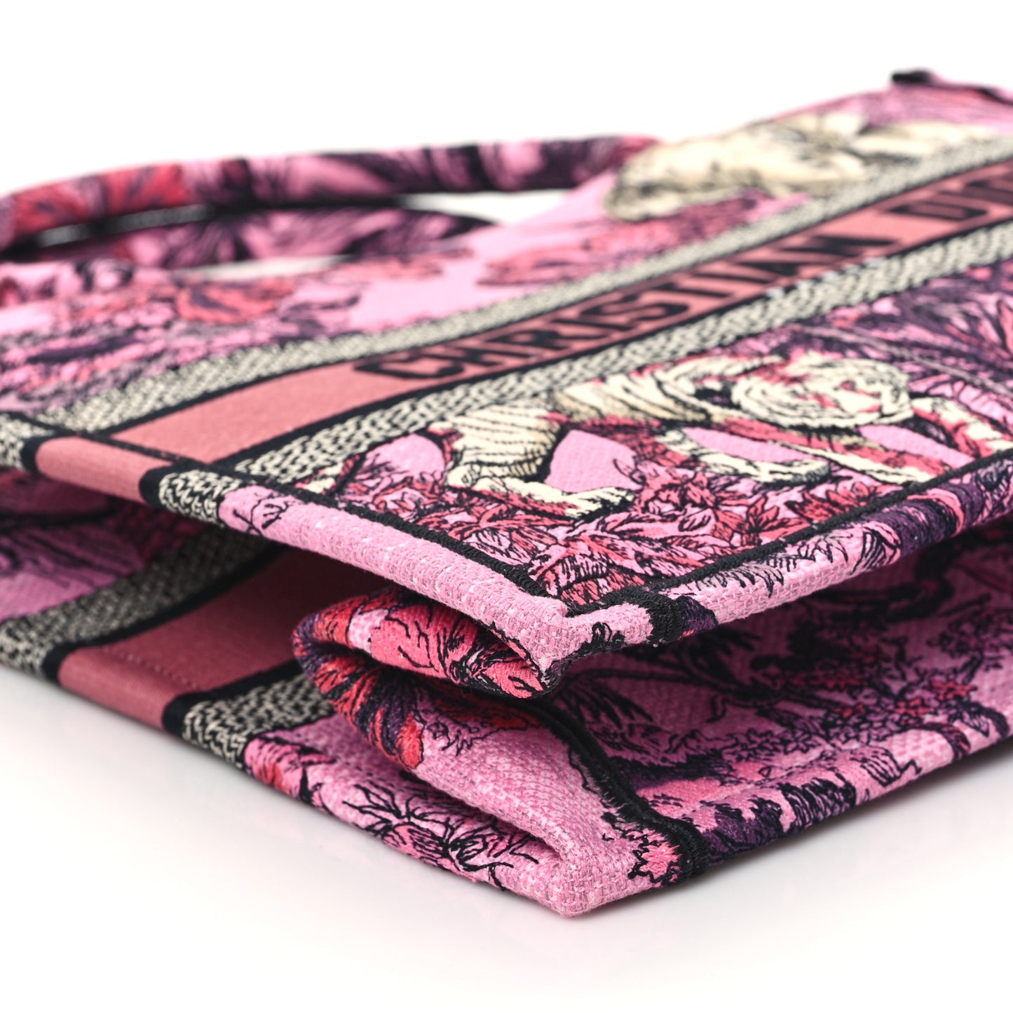 Canvas Embroidered Medium Toile de Jouy Voyage Book Tote Fuchsia Multicolor