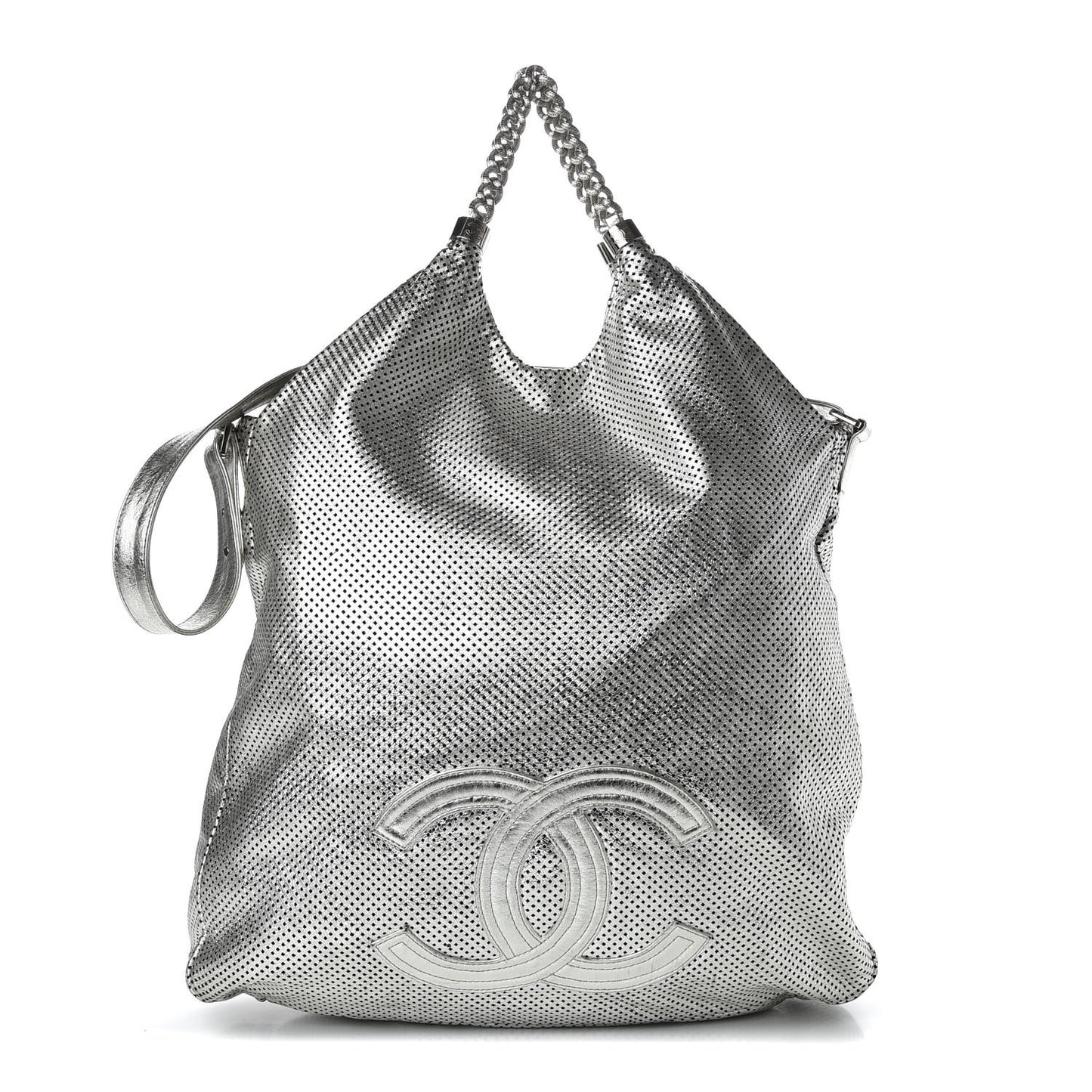 Metallic Glazed Calfskin Perforated Large Rodeo Drive Tote Silver