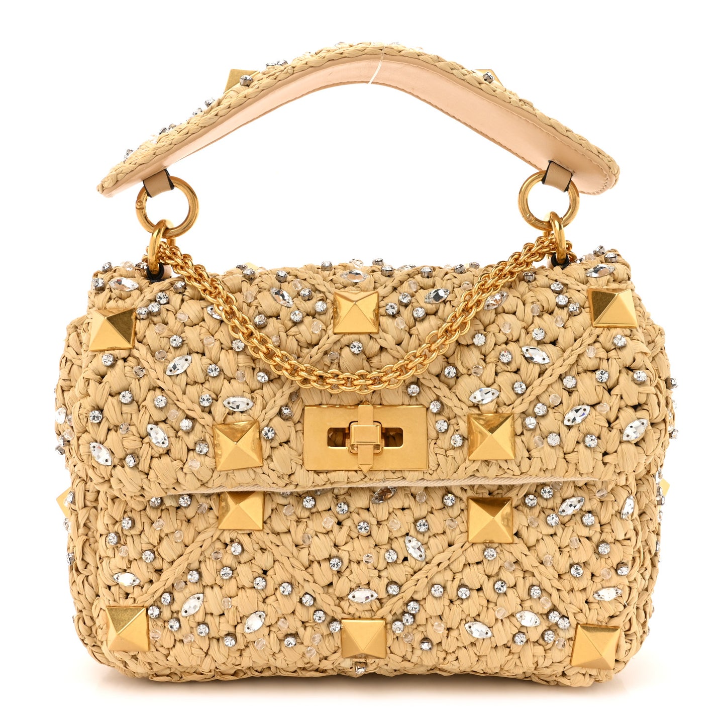 Raffia Crystal Medium Roman Stud Shoulder Bag Naturale Crystal