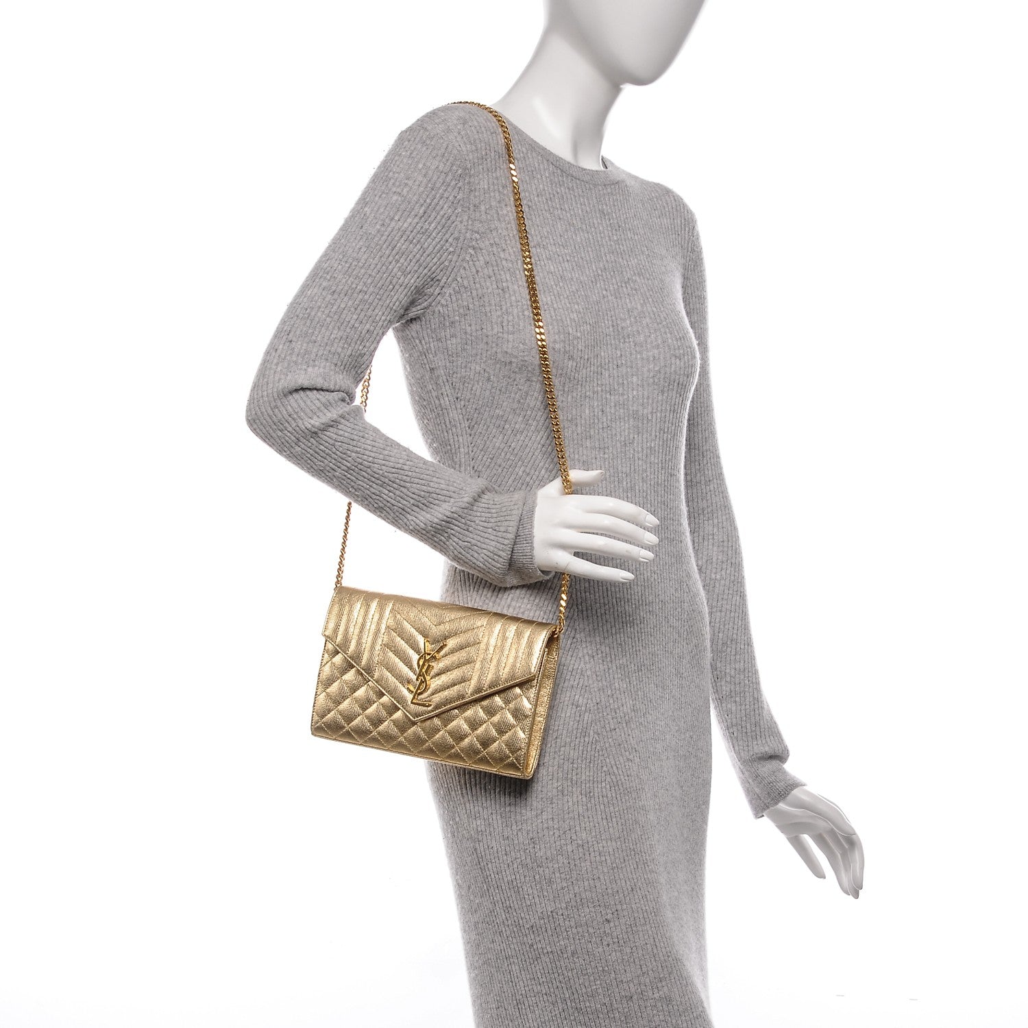 Saint Laurent Metallic Calfskin Tri-Quilt Monogram Envelope Chain Wallet Oro 2 of 7