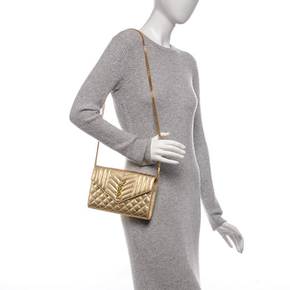 Saint Laurent Metallic Calfskin Tri-Quilt Monogram Envelope Chain Wallet Oro 2 of 7
