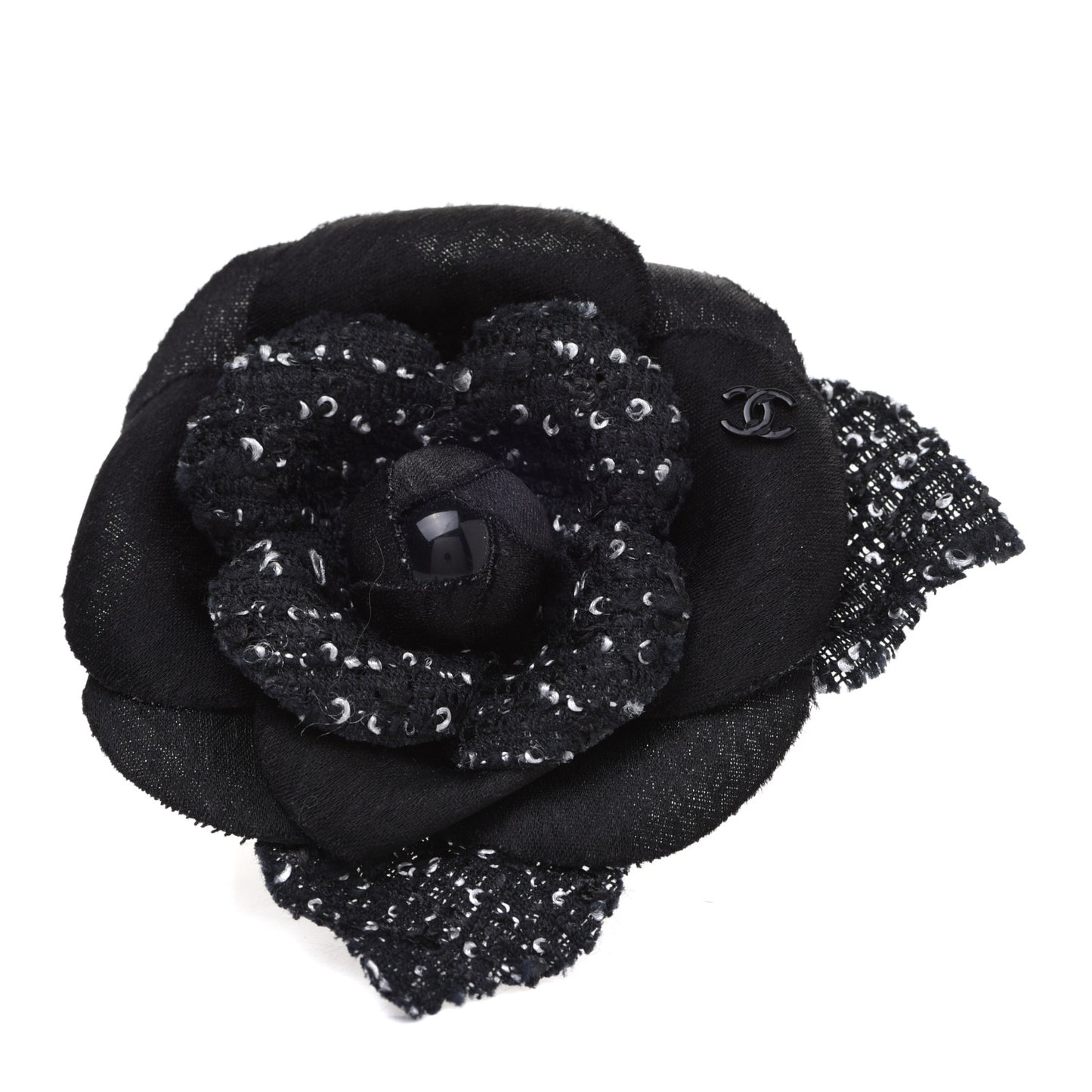 Tweed Camellia Pin Brooch Black White