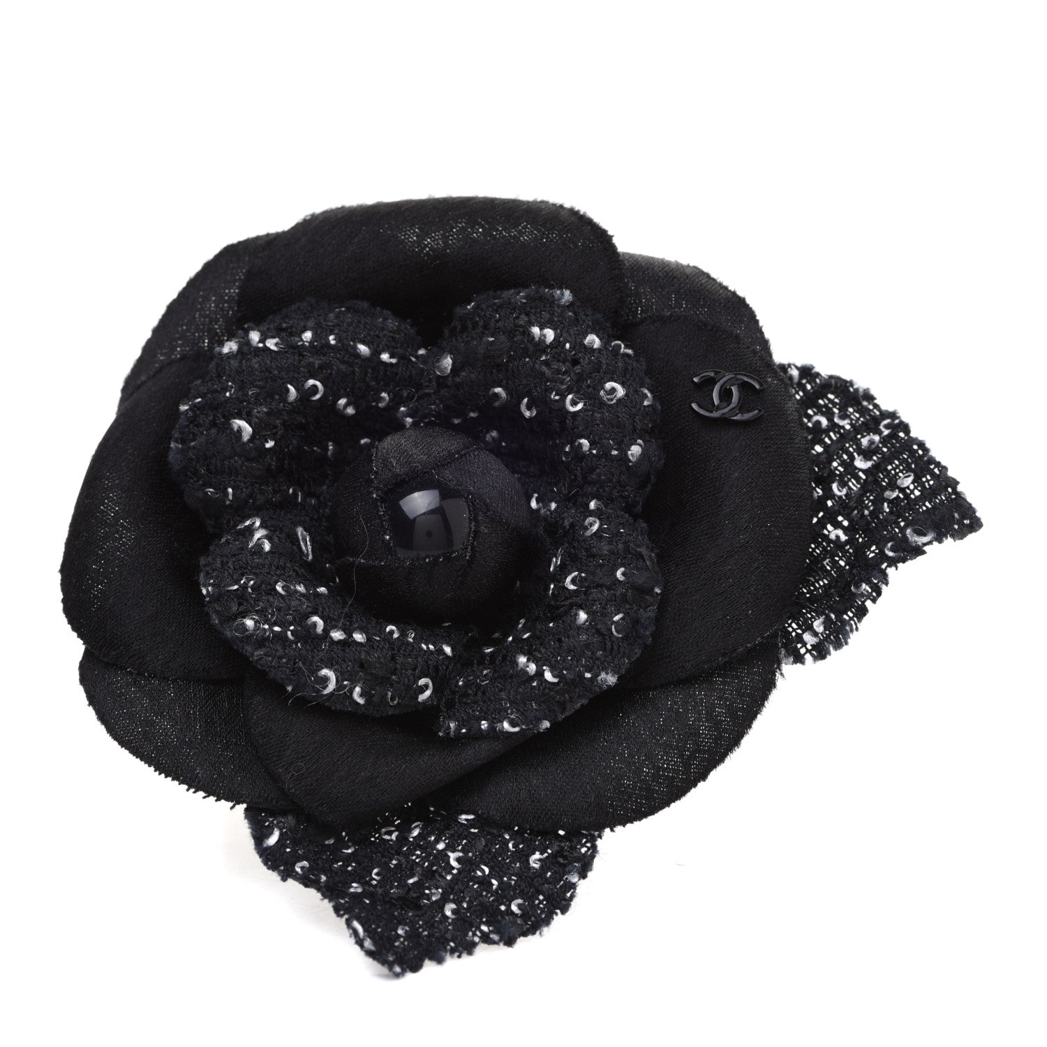 Chanel Tweed Camellia Pin Brooch Black White 1 of 5