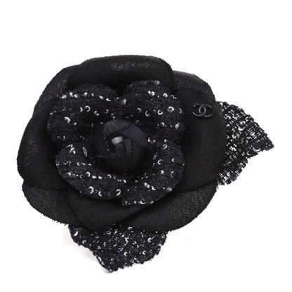 Chanel Tweed Camellia Pin Brooch Black White 1 of 5