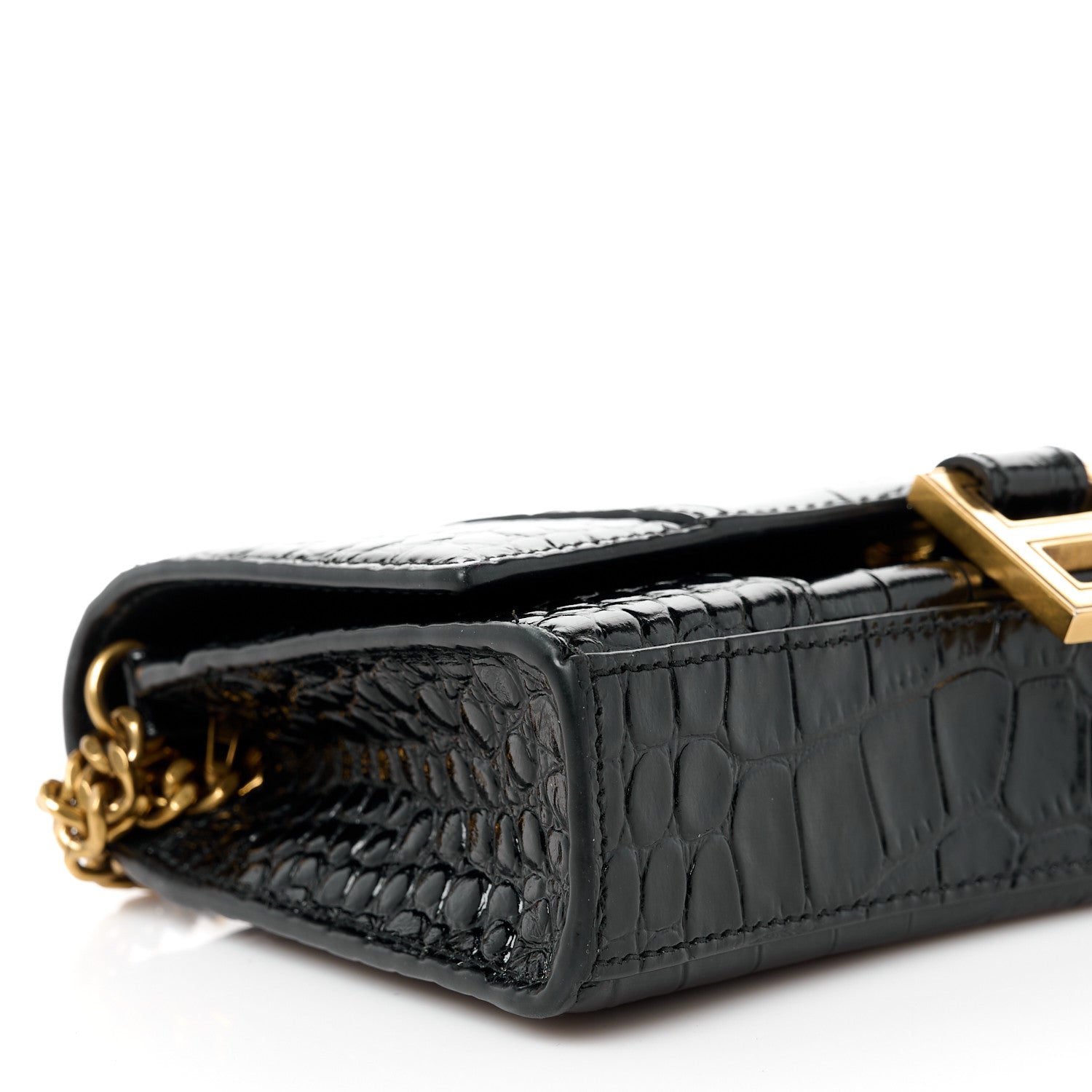 Balenciaga Shiny Calfskin Crocodile Embossed Hourglass Chain Bag Black 9 of 10