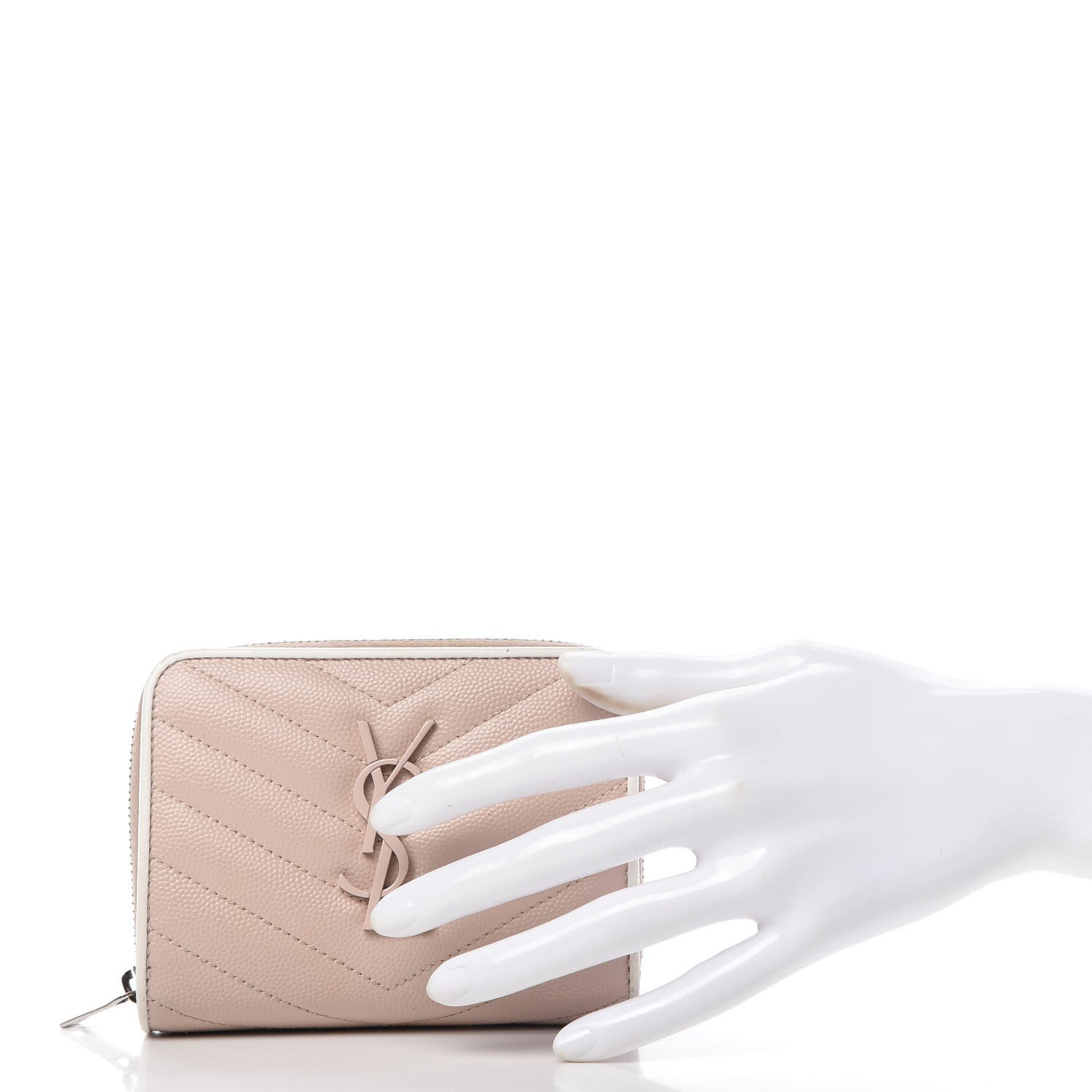 Saint Laurent Grain De Poudre Matelasse Monogram Compact Zip Around Wallet Pale Pink 2 of 11