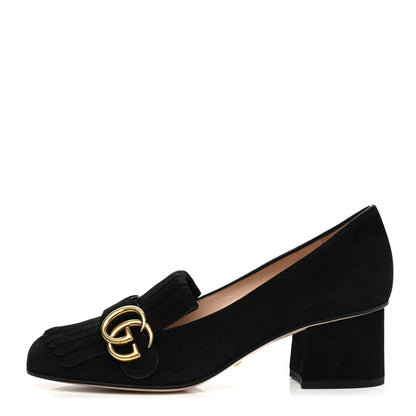 Gucci Kid Scamosciato GG Marmont Fringe 50mm Loafer Pumps 37.5 Black 1 of 8