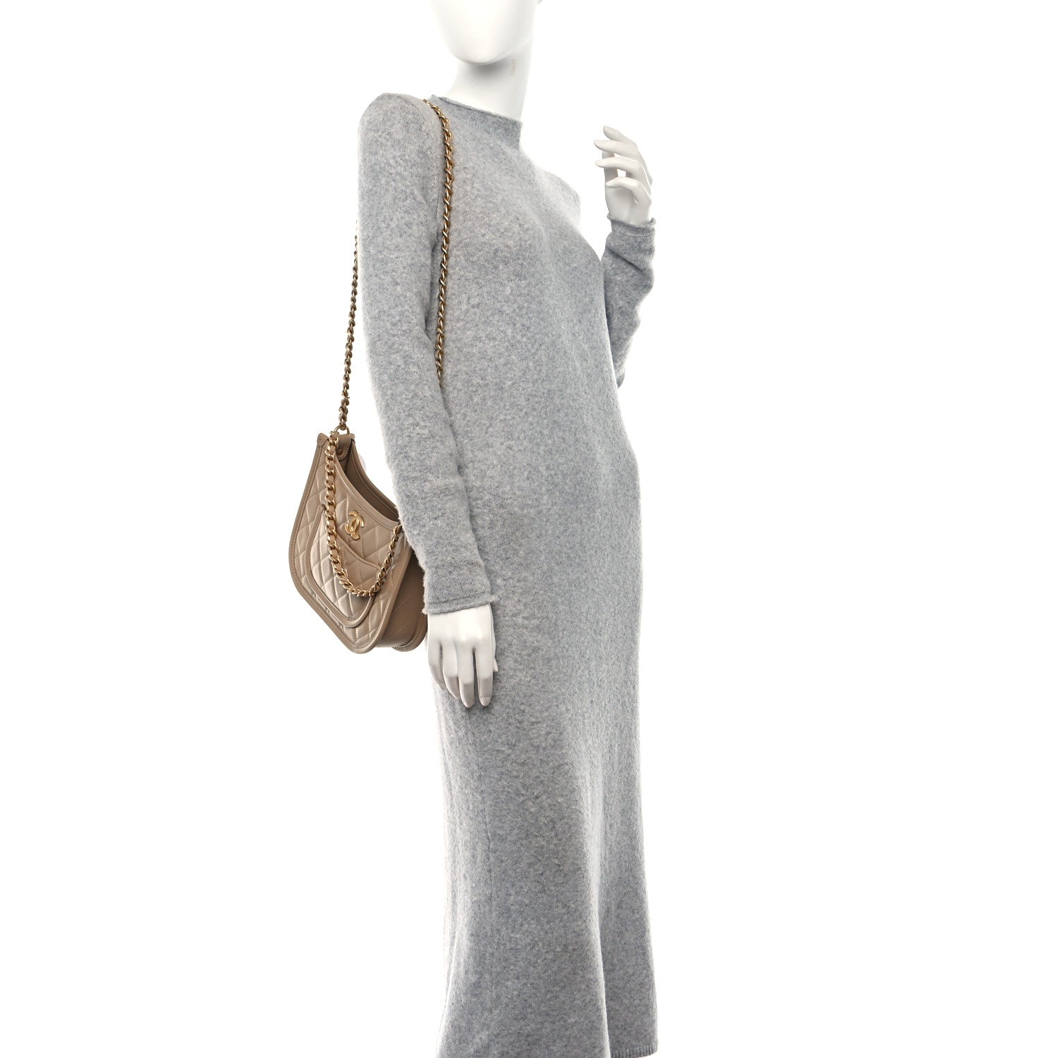 Chanel Calfskin Quilted CC Hobo Handbag Beige 2 of 8