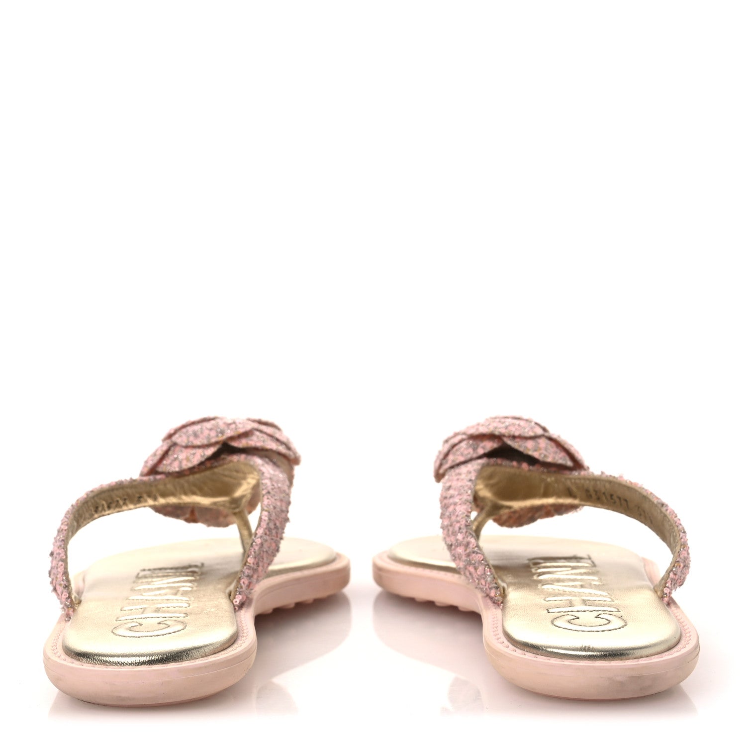 Chanel Tweed Camellia Thong Sandals 37.5 Salmon Apricot Gold 6 of 13