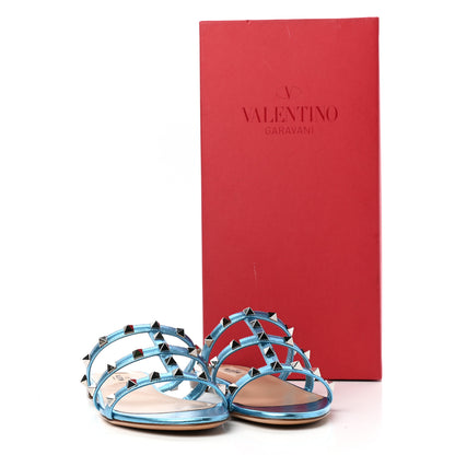 Valentino Garavani Metallic Nappa Rockstud Caged Flat Slide Sandals 36.5 Cerulean 10 of 10