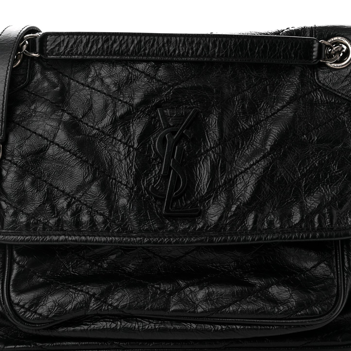 Crinkled Calfskin Matelasse Monogram Medium Niki Chain Satchel Black