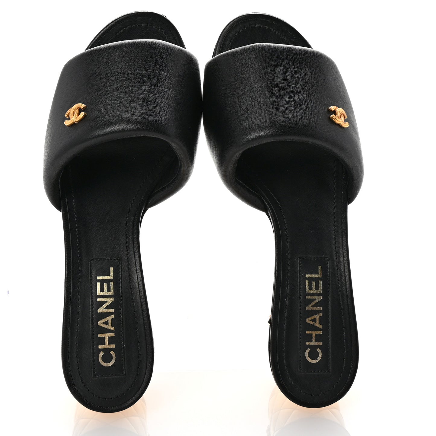 Lambskin Chain CC Mules 37.5 Black Gold
