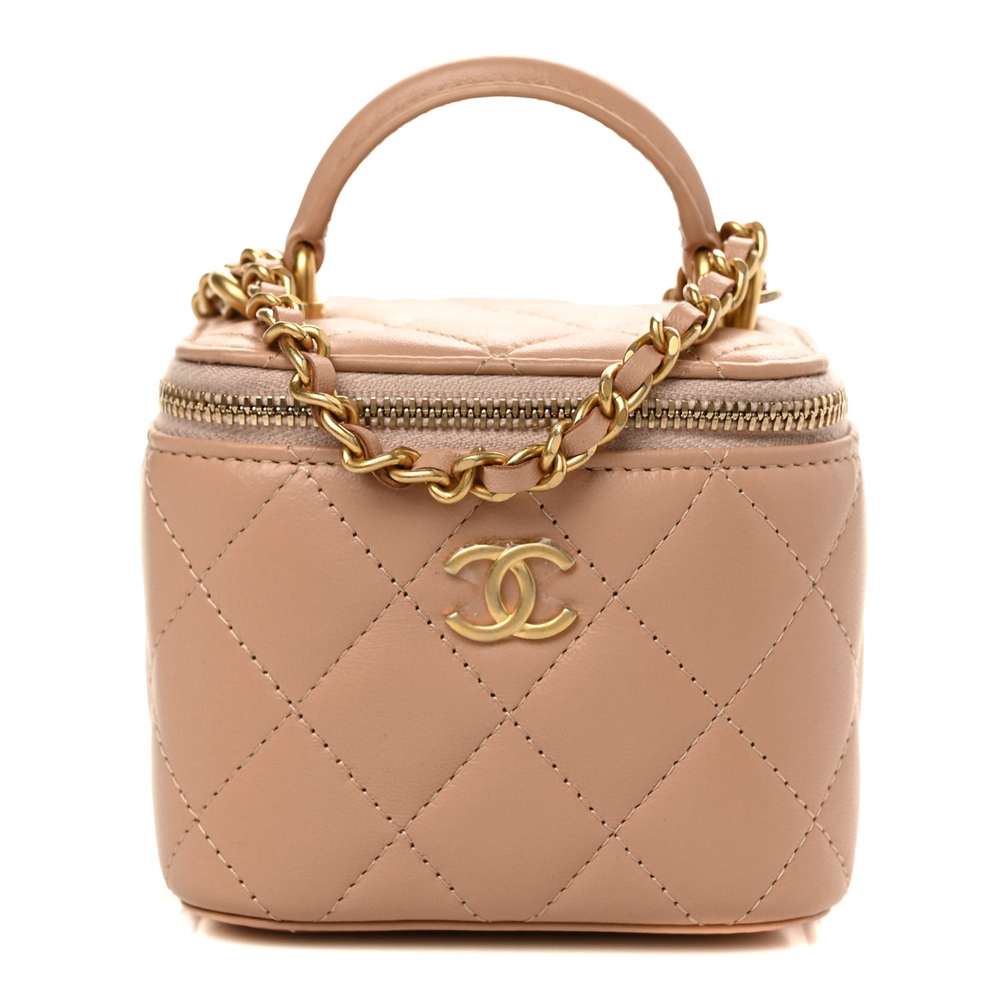 Lambskin Quilted Top Handle Mini Vanity Case With Chain Beige