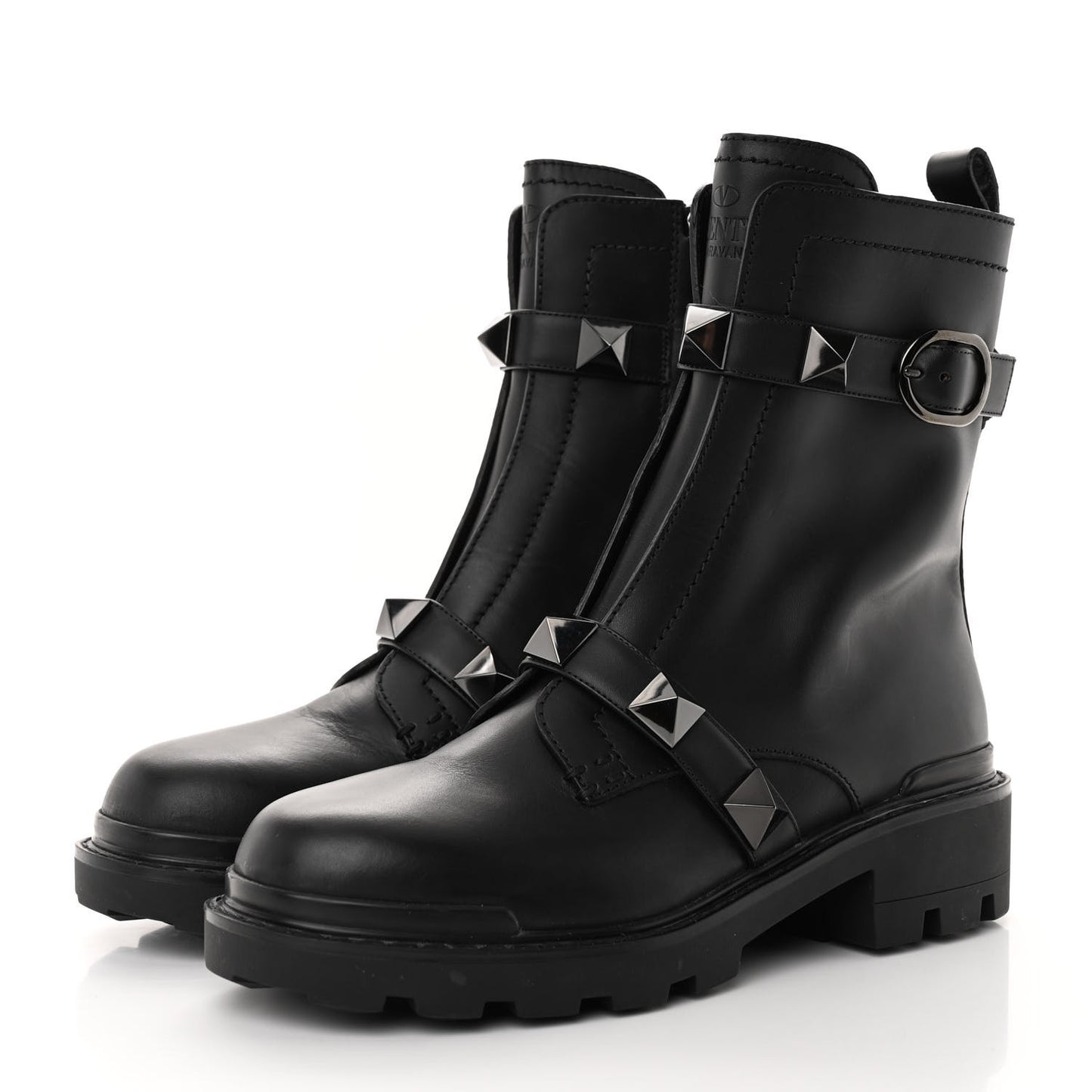 Calfskin Tonal Roman Stud 20/40mm Combat Boots 40 Black
