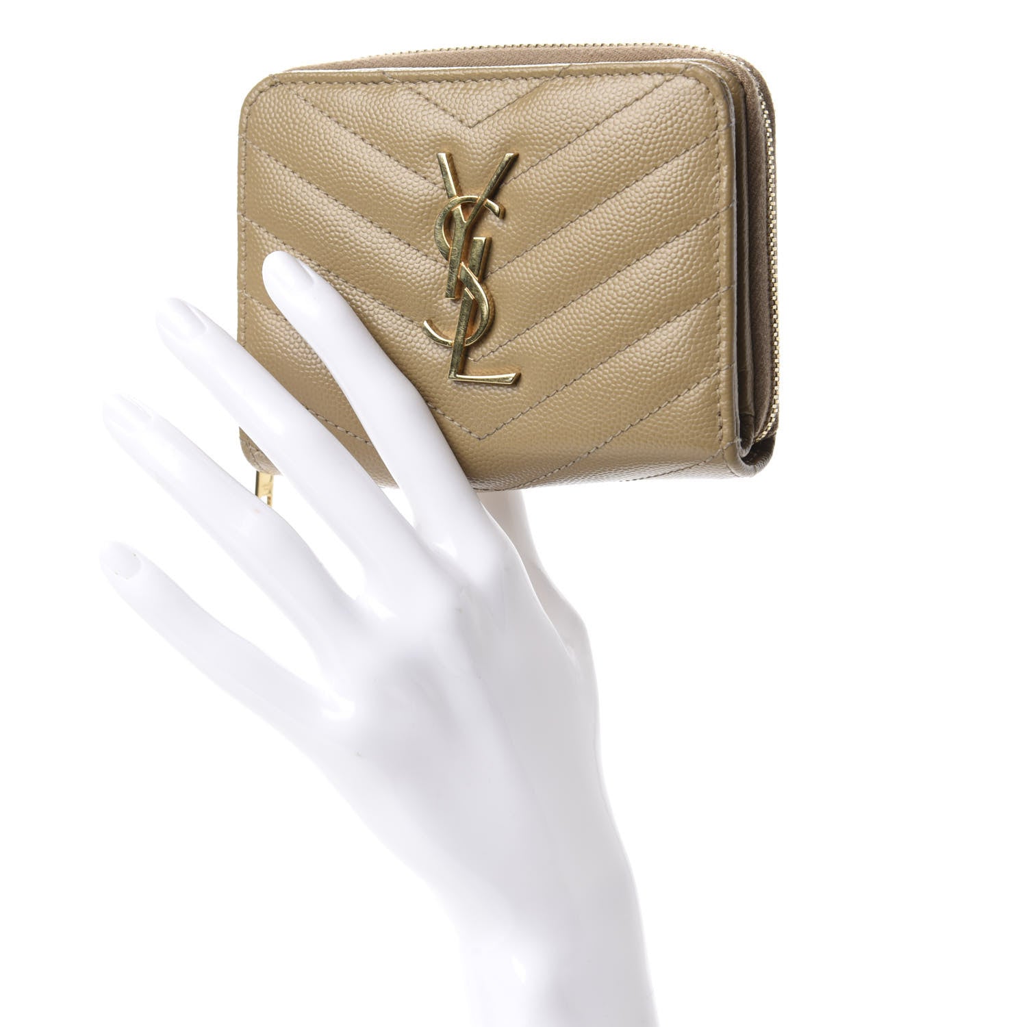 Saint Laurent Grain De Poudre Matelasse Chevron Monogram Compact Zip Around Wallet Dark Latte 2 of 10